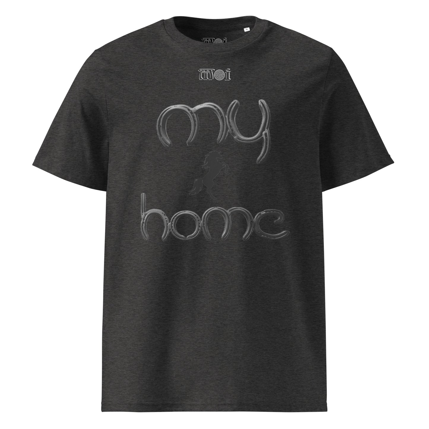 mage showing grey t-shirt with the wording my home and a small image of a horse.