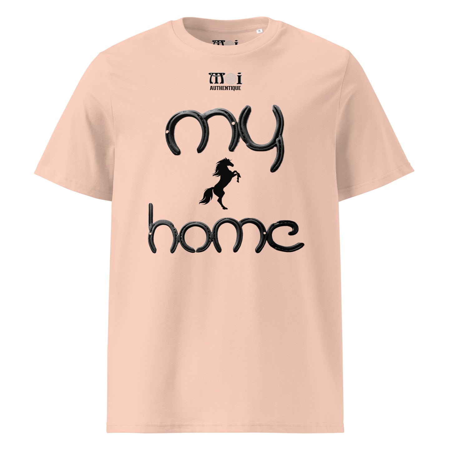 mage showing peach t-shirt with the wording my home and a small image of a horse.