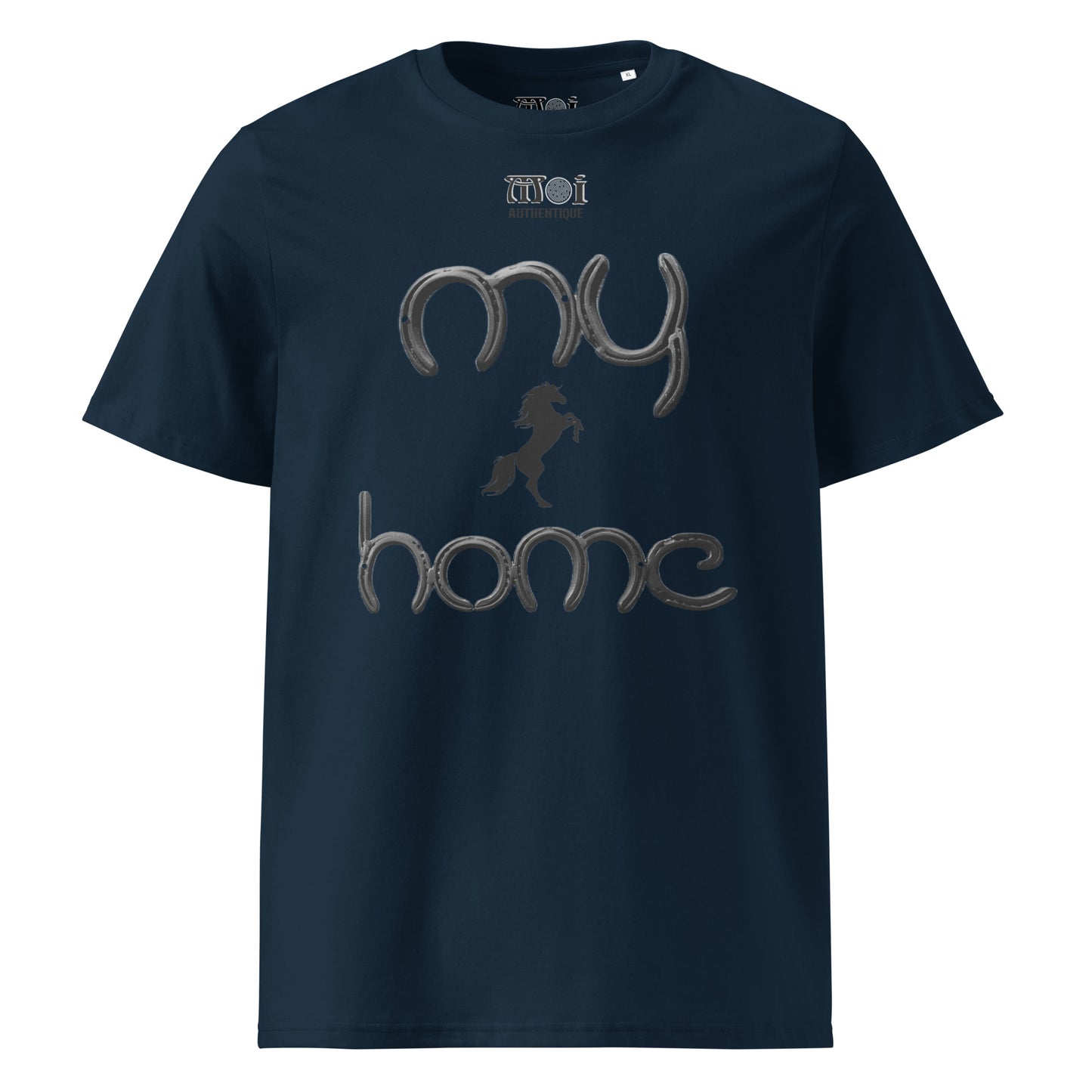 mage showing navy blue t-shirt with the wording my home and a small image of a horse.