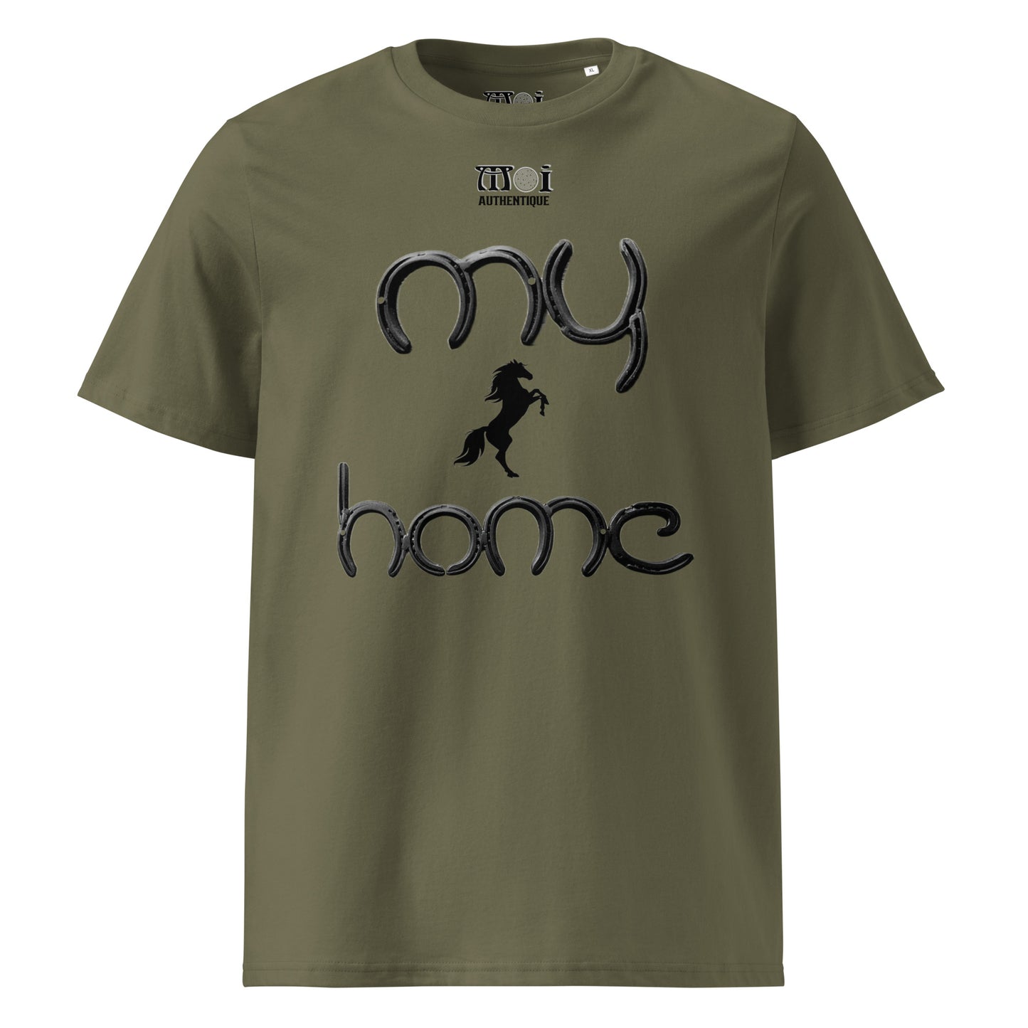 mage showing khaki green t-shirt with the wording my home and a small image of a horse.