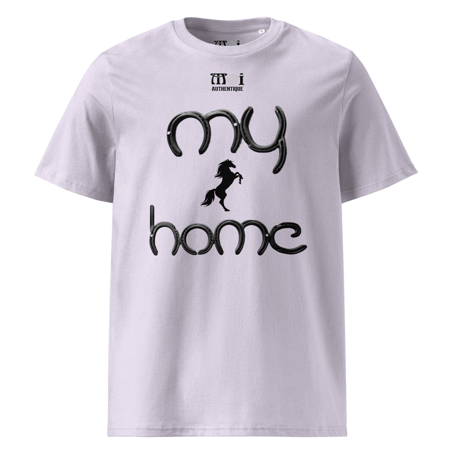 mage showing lilac t-shirt with the wording my home and a small image of a horse.