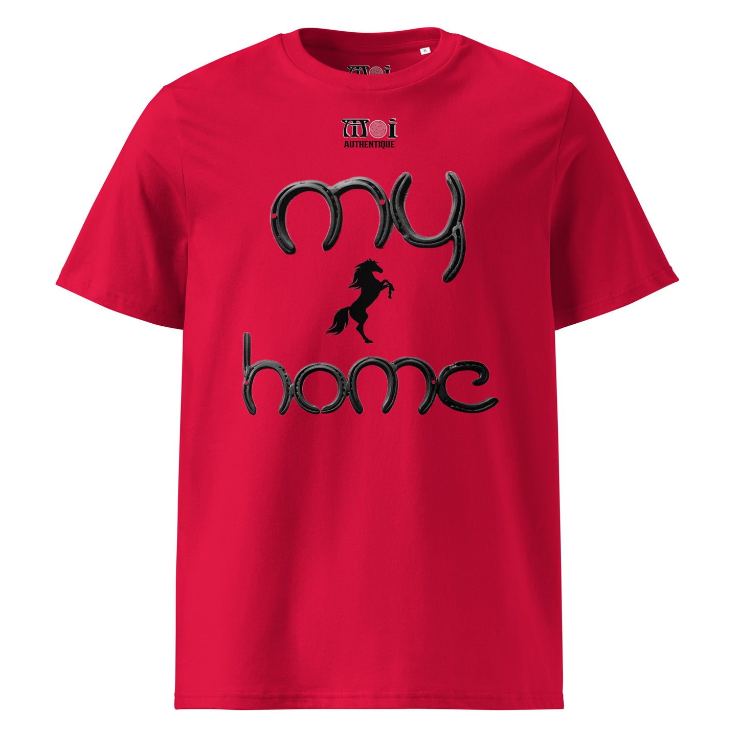 mage showing red t-shirt with the wording my home and a small image of a horse.