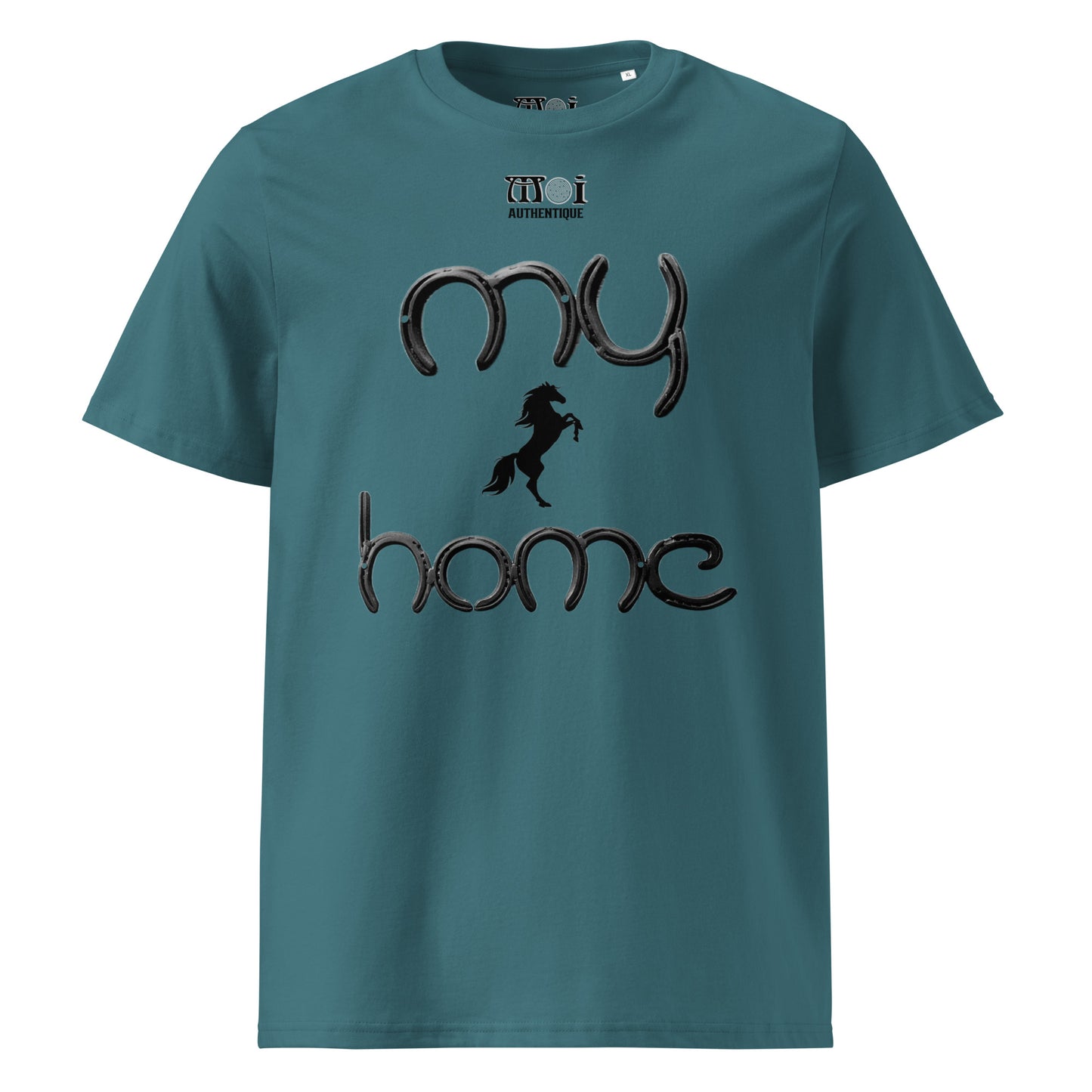 mage showing teal blue t-shirt with the wording my home and a small image of a horse.