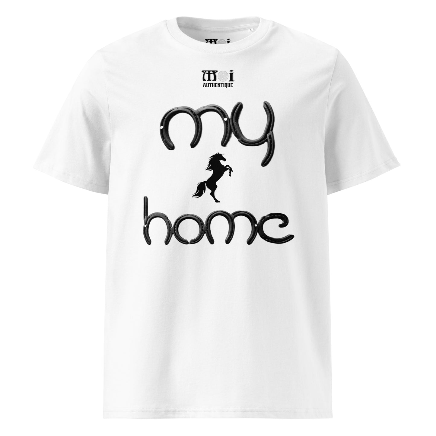 mage showing white t-shirt with the wording my home and a small image of a horse.