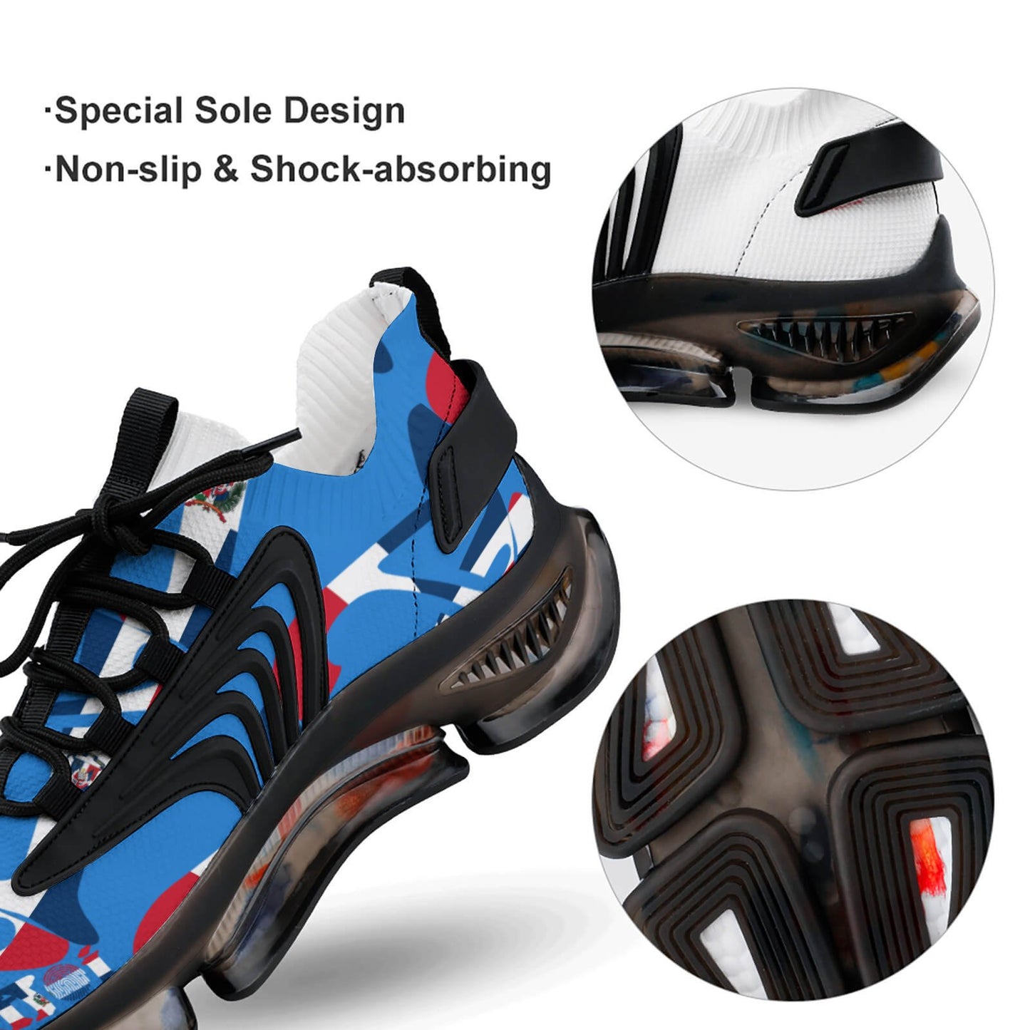Blue and black athletic shoe with special sole design features on a white background