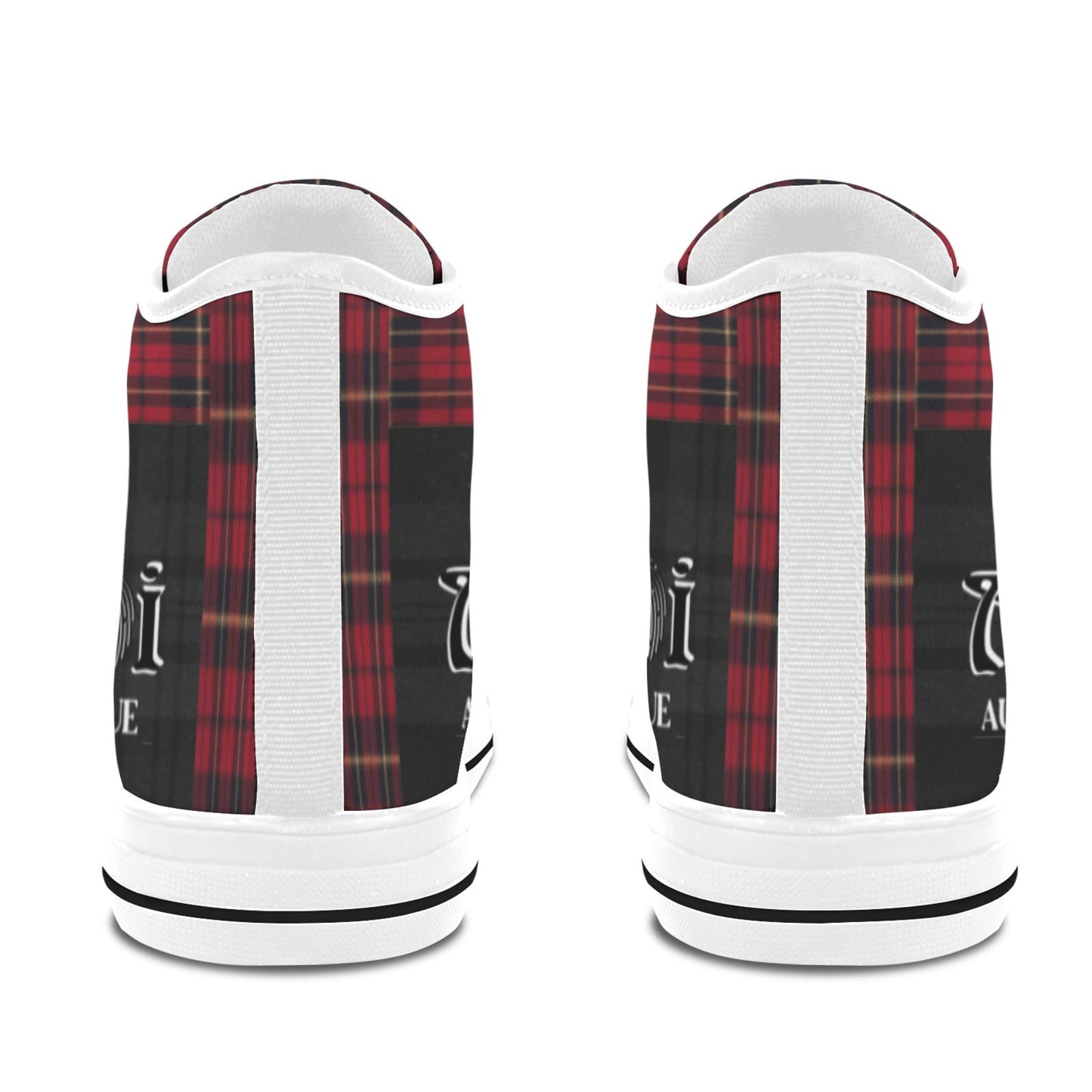 High-top sneakers with a tartan pattern and a white sole on a white background