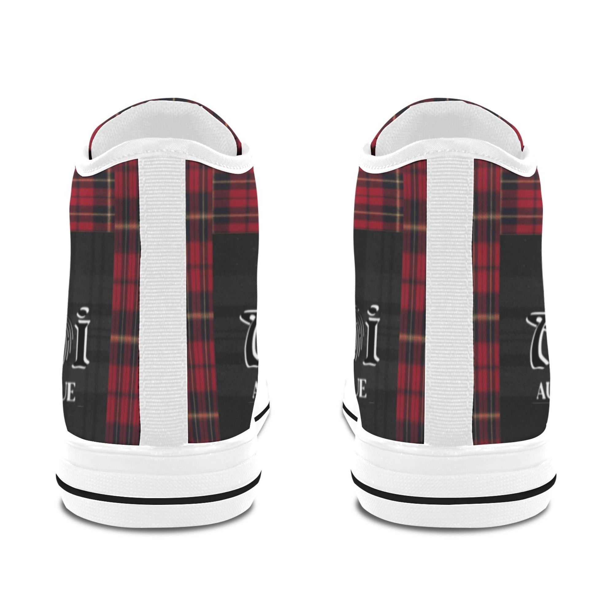 High-top sneakers with a tartan pattern and a white sole on a white background