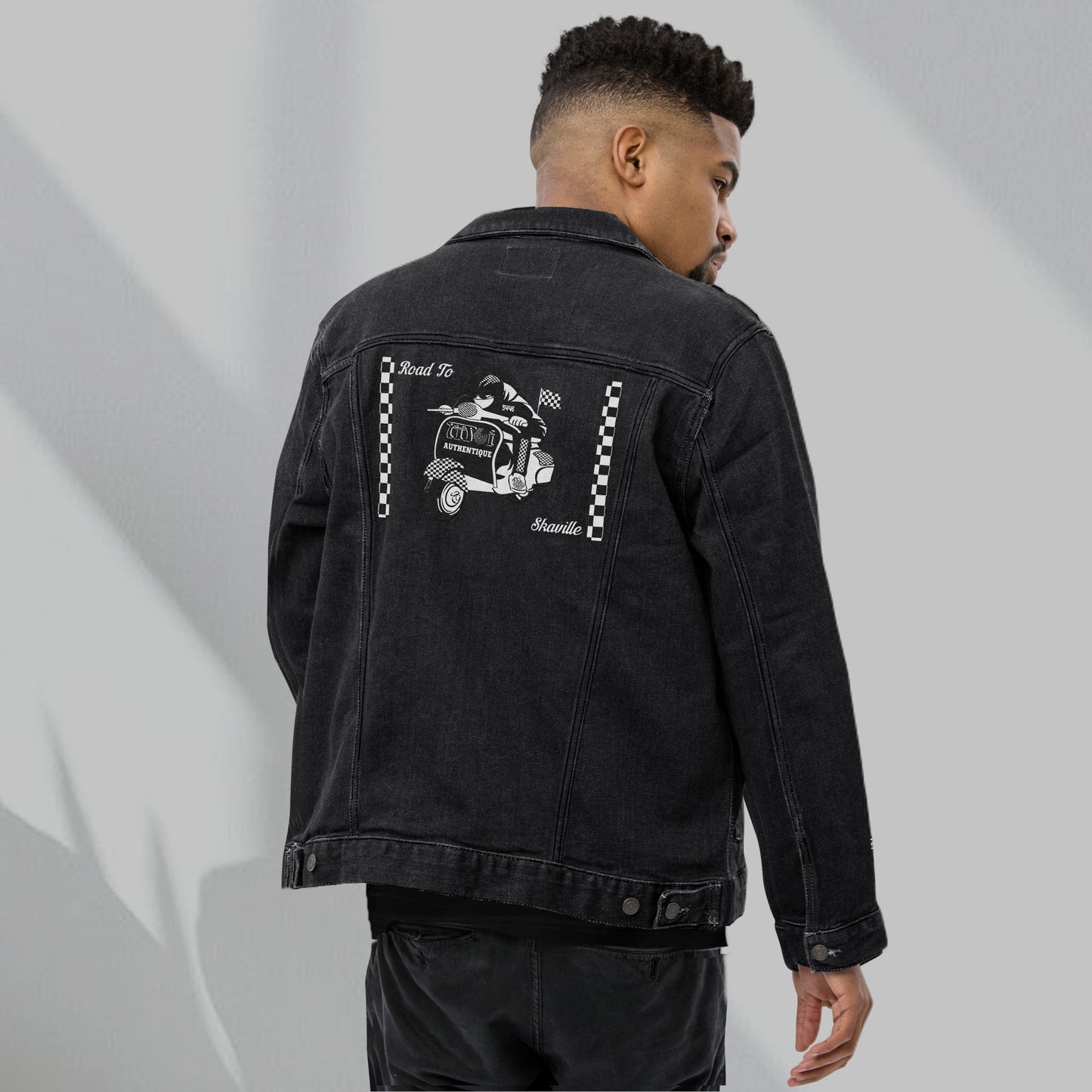 Front and Back Embroidered Road to Skaville Unisex Denim Jacket