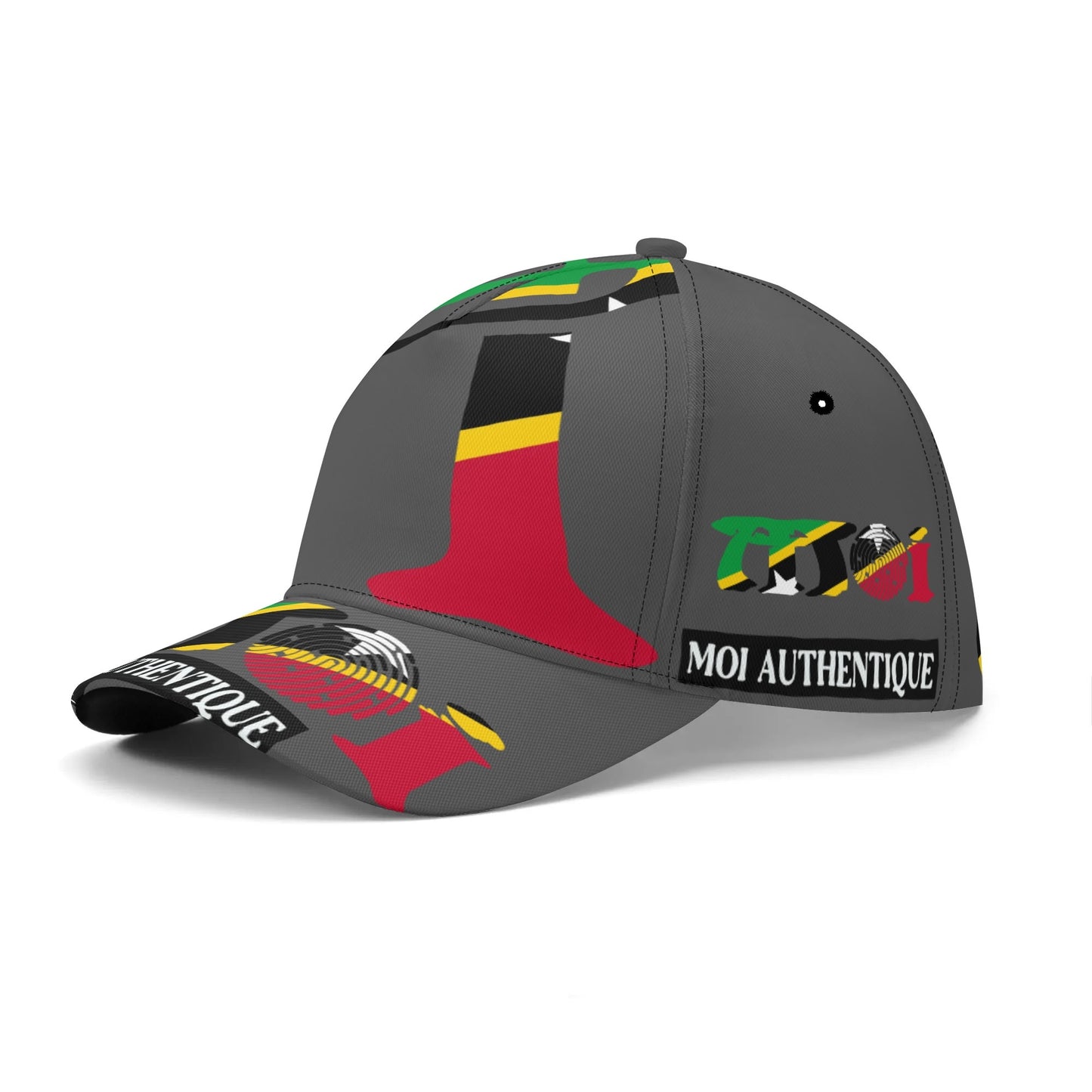 Grey cap with colorful designs and 'MOI AUTHENTIQUE' text on a white background