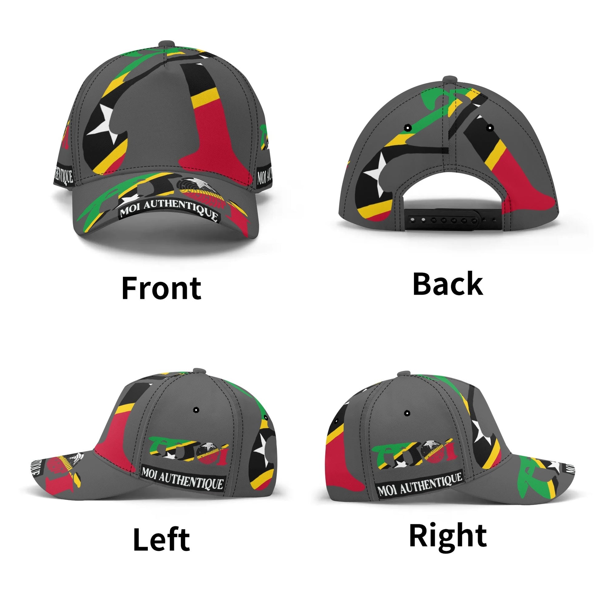 Grey cap with colourful design and 'MOI AUTHENTIQUE' text on a white background