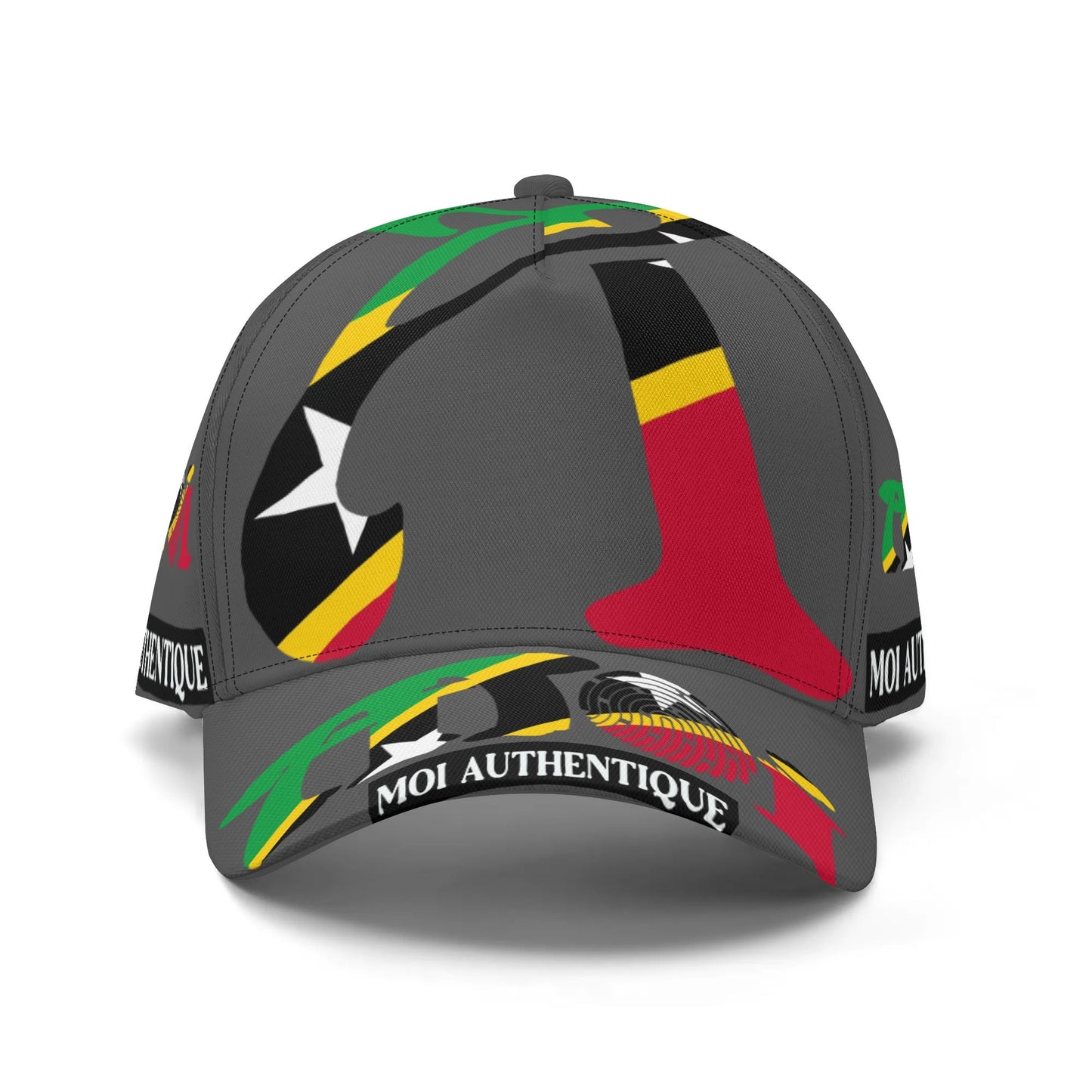 Grey cap with colourful designs and 'MOI AUTHENTIQUE' text on a white background