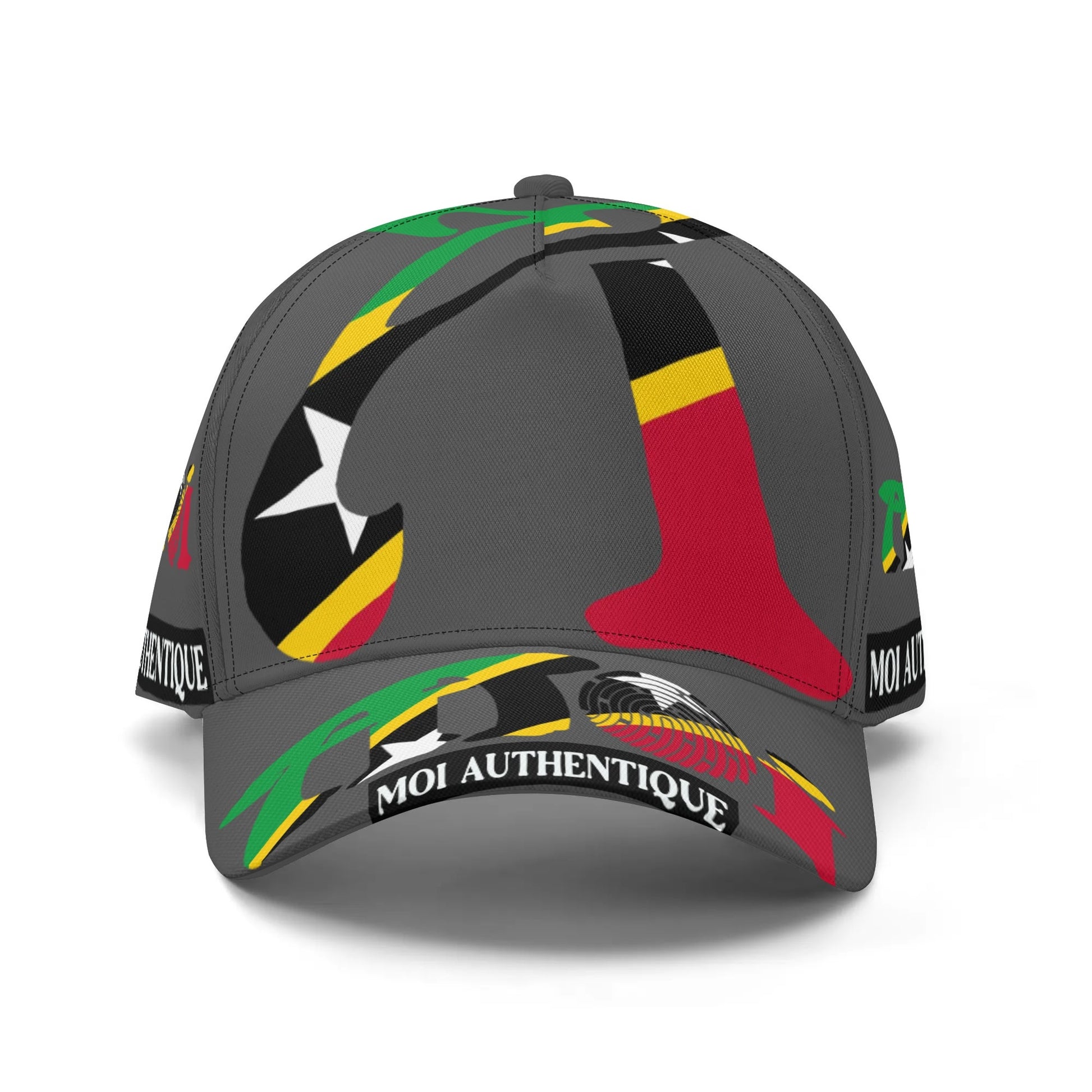 Grey cap with colourful designs and 'MOI AUTHENTIQUE' text on a white background