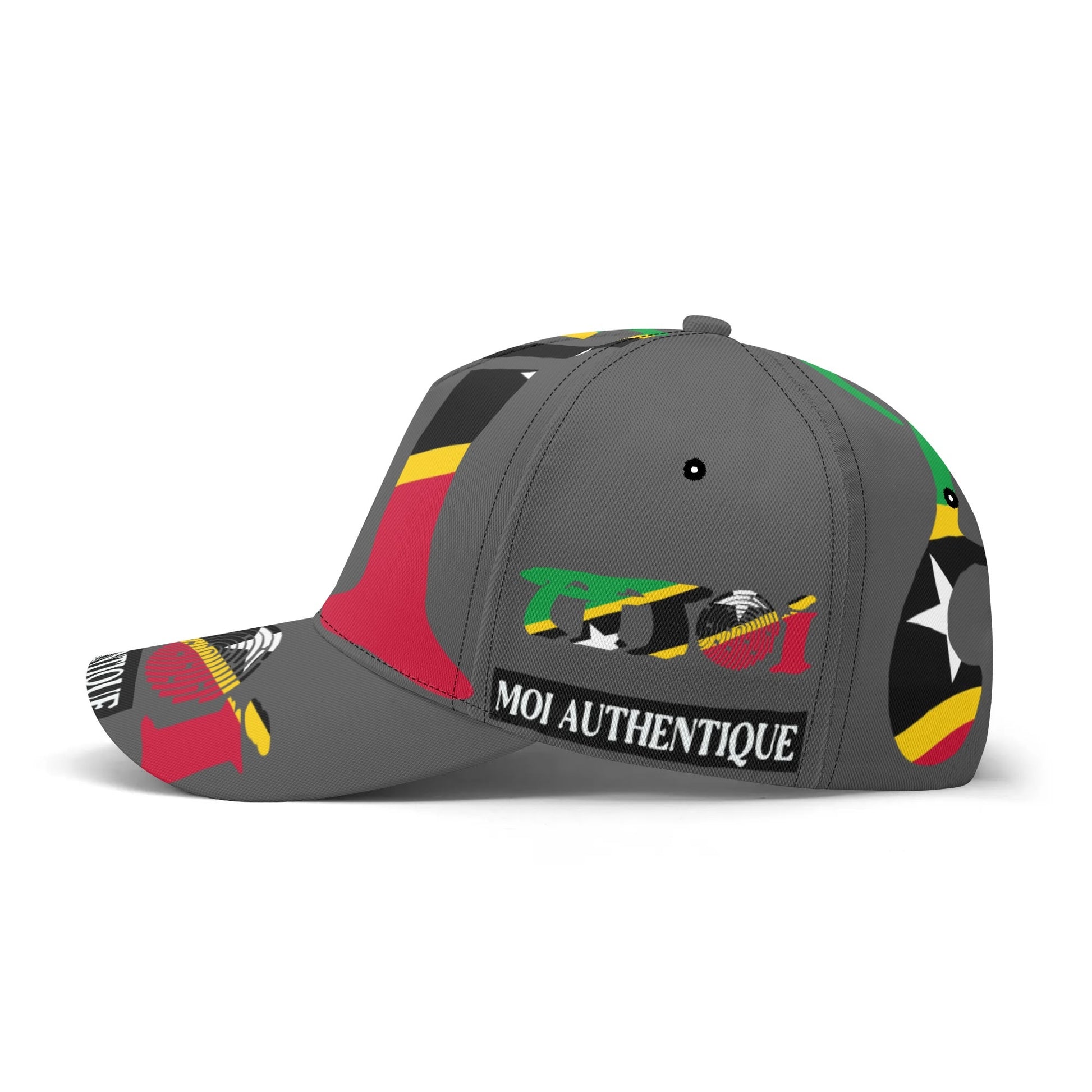 Grey cap with colourful designs and 'MOI AUTHENTIQUE' text on a white background
