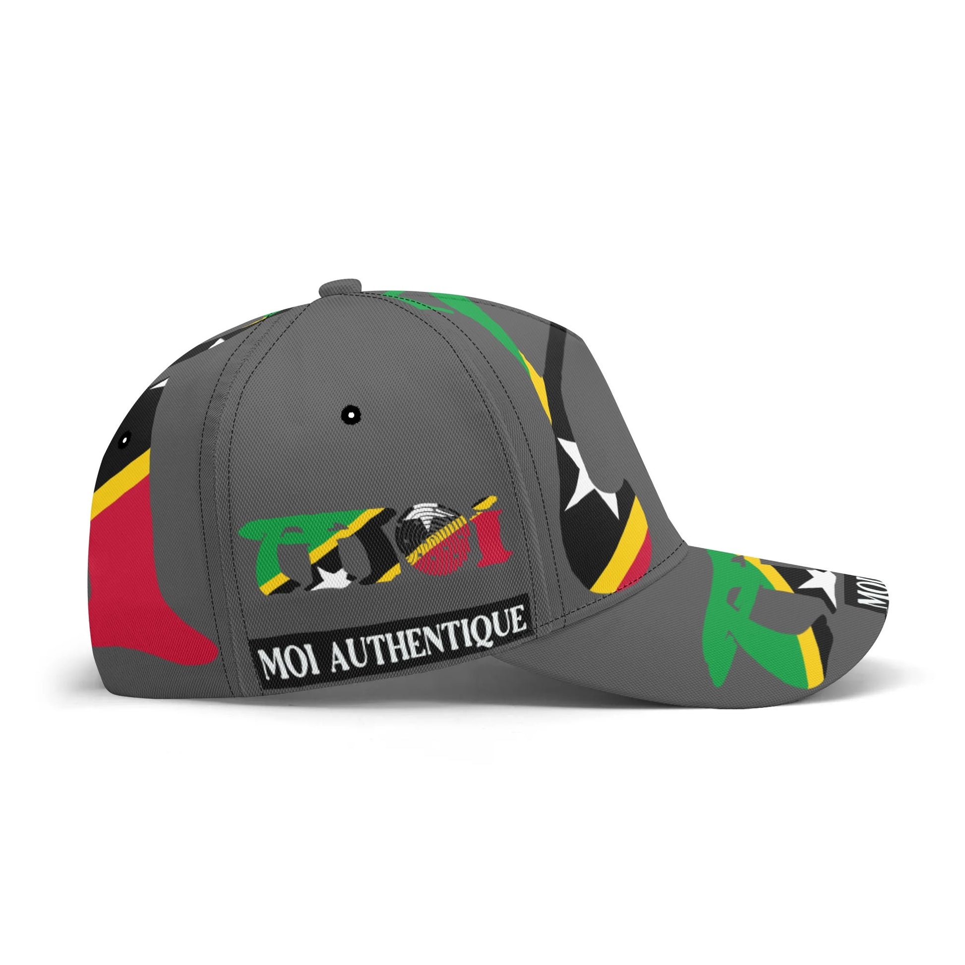 Grey cap with colourful designs and text on a white background