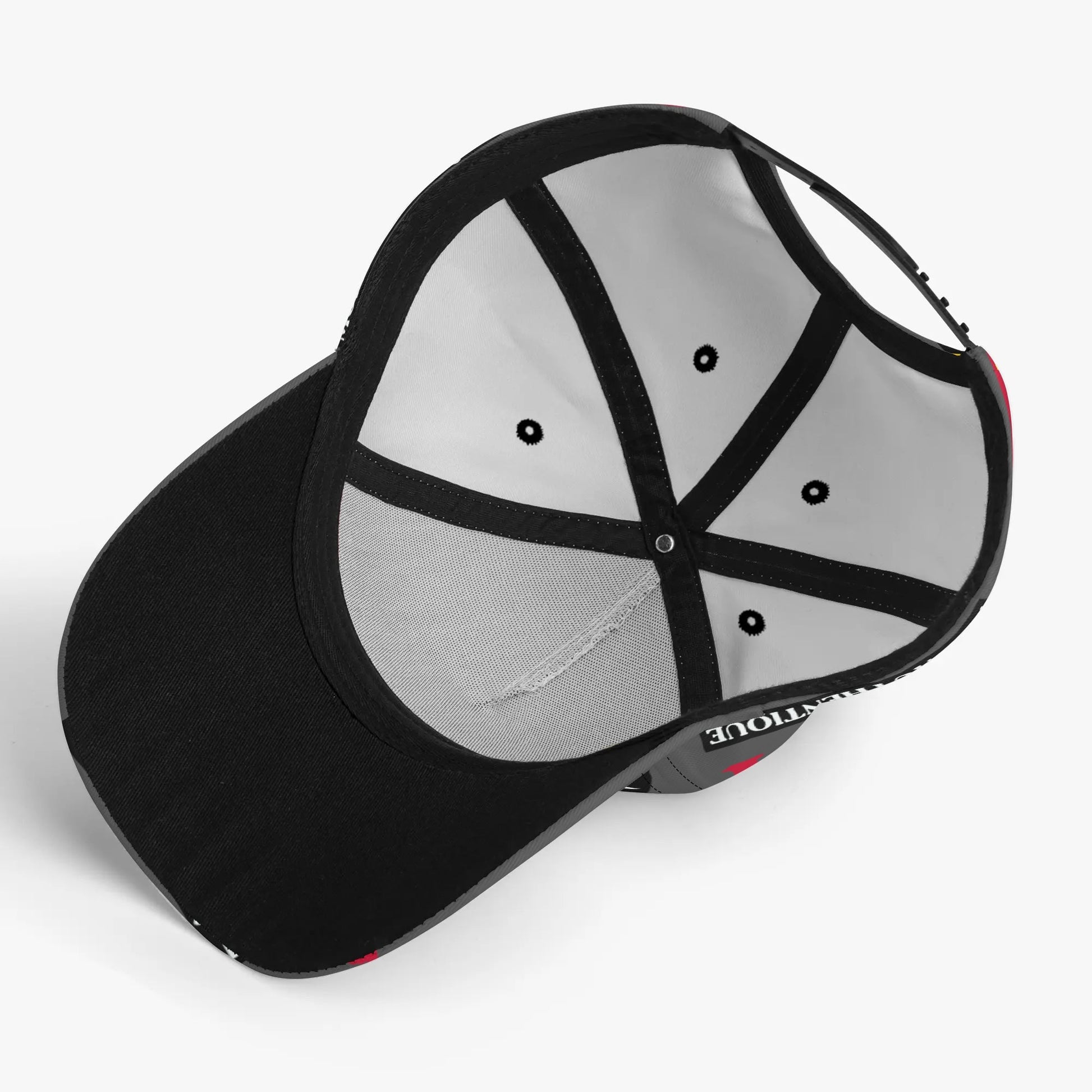 Black and grey cap with brand logo on a white background