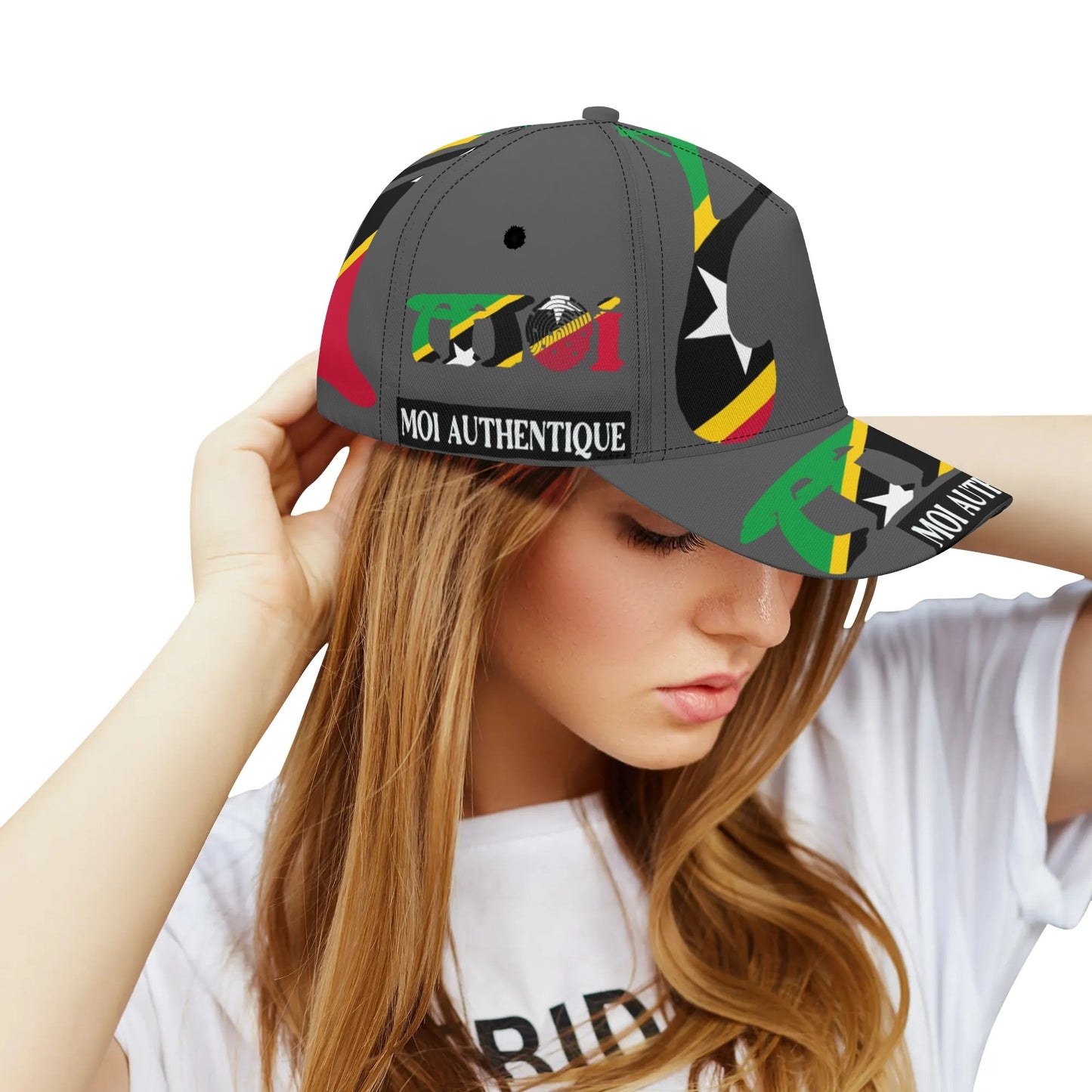 Woman wearing a cap with colourful designs and text on a white background