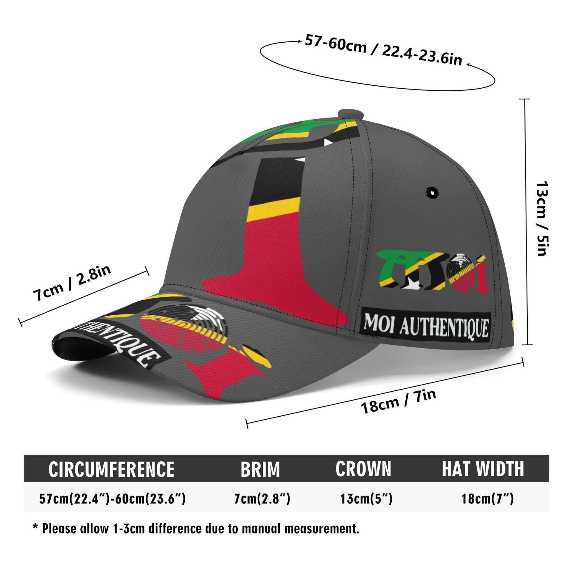 Grey cap with colourful designs and brand names, shown with measurements on a white background.