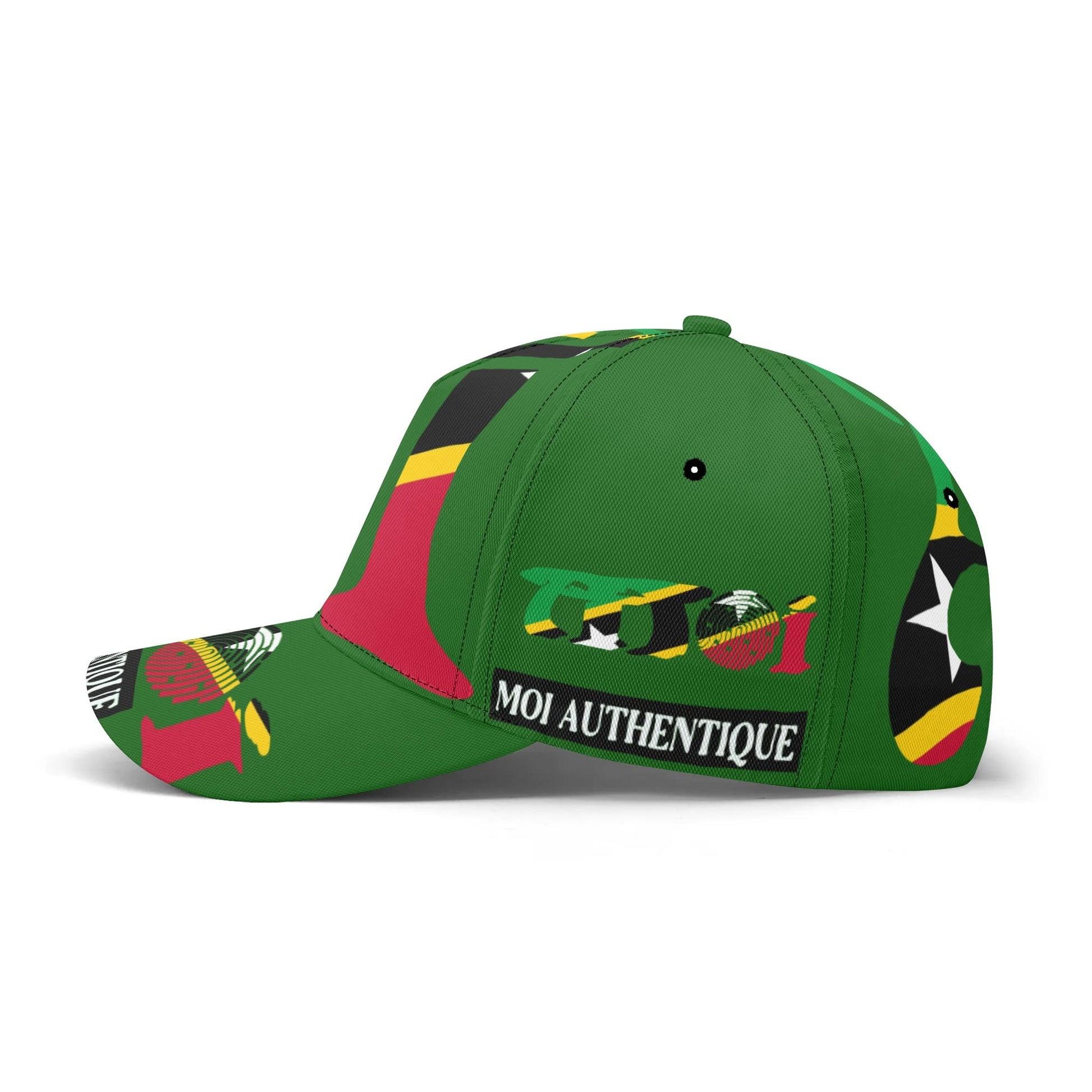Green cap with colorful designs and 'MOI AUTHENTIQUE' text on a white background