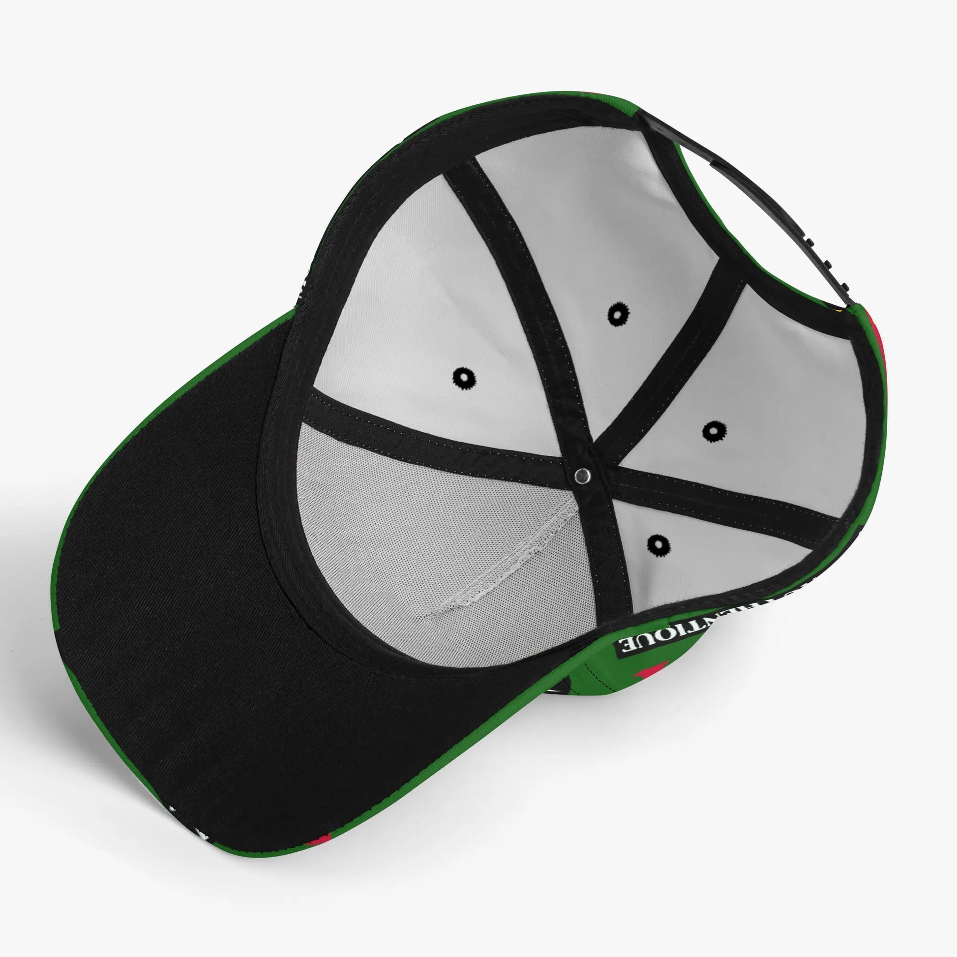 Black and green cap with a white mesh back on a light gray background