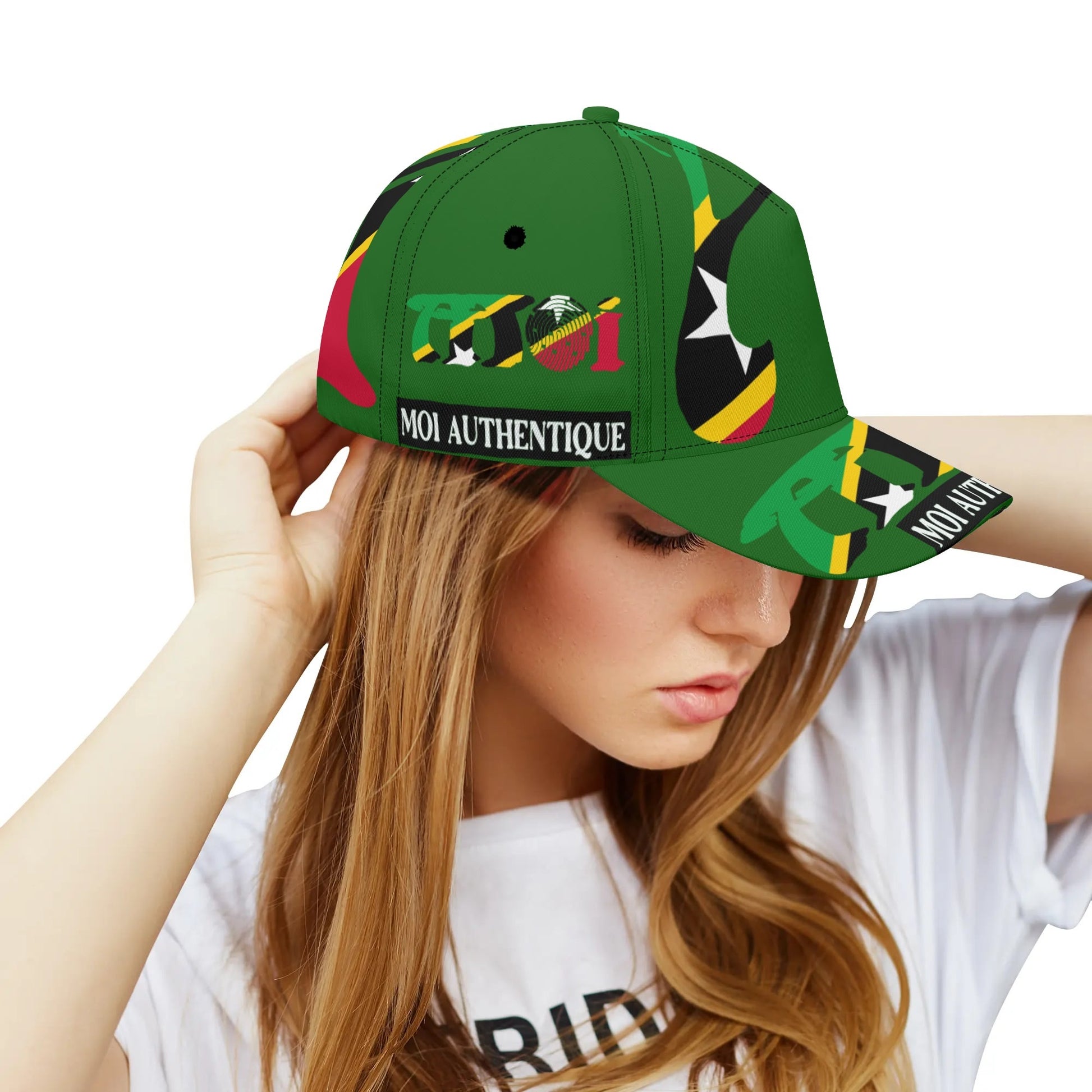 Person wearing a green cap with colorful designs and text on a white background