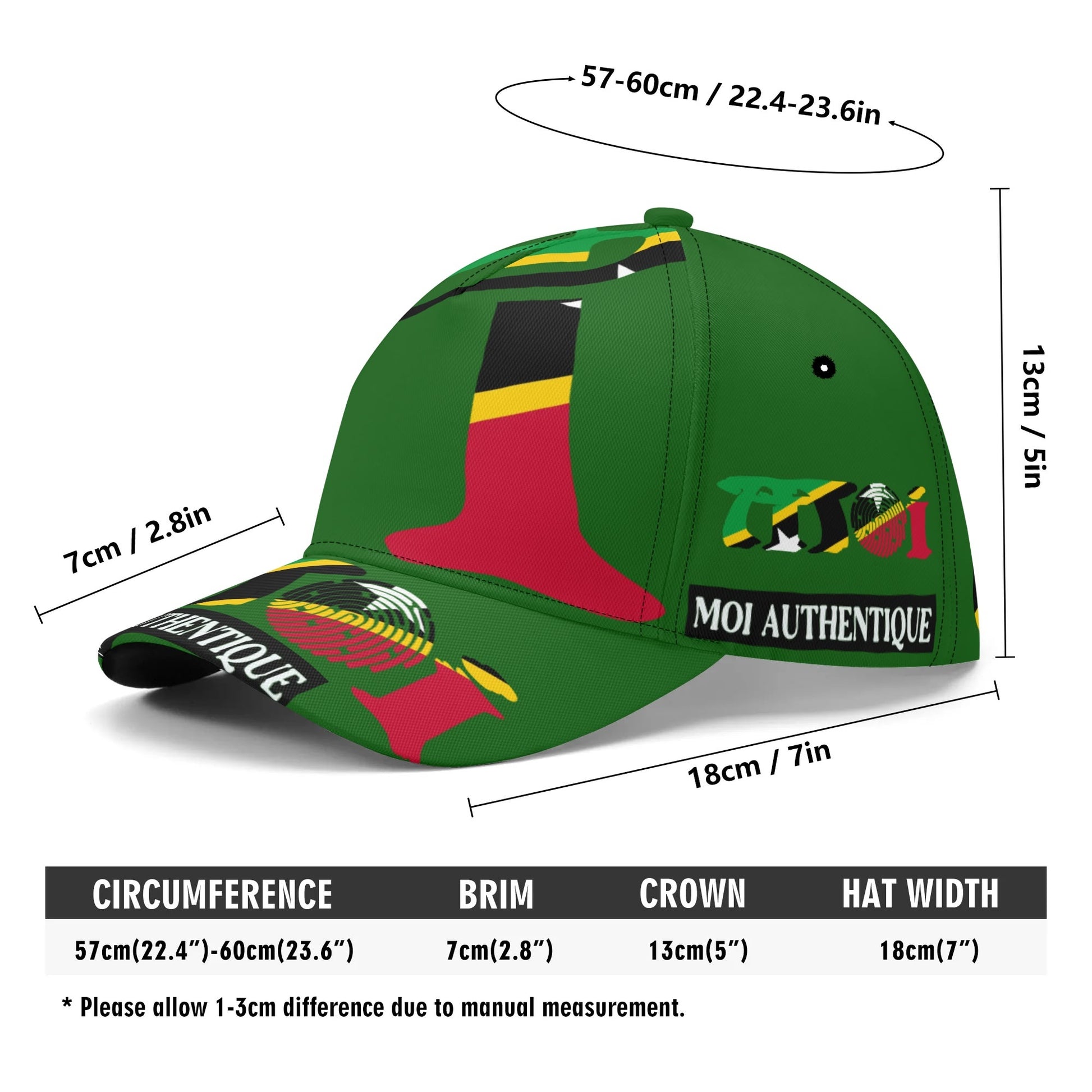 Green cap with colorful designs and text, shown with measurements on a white background