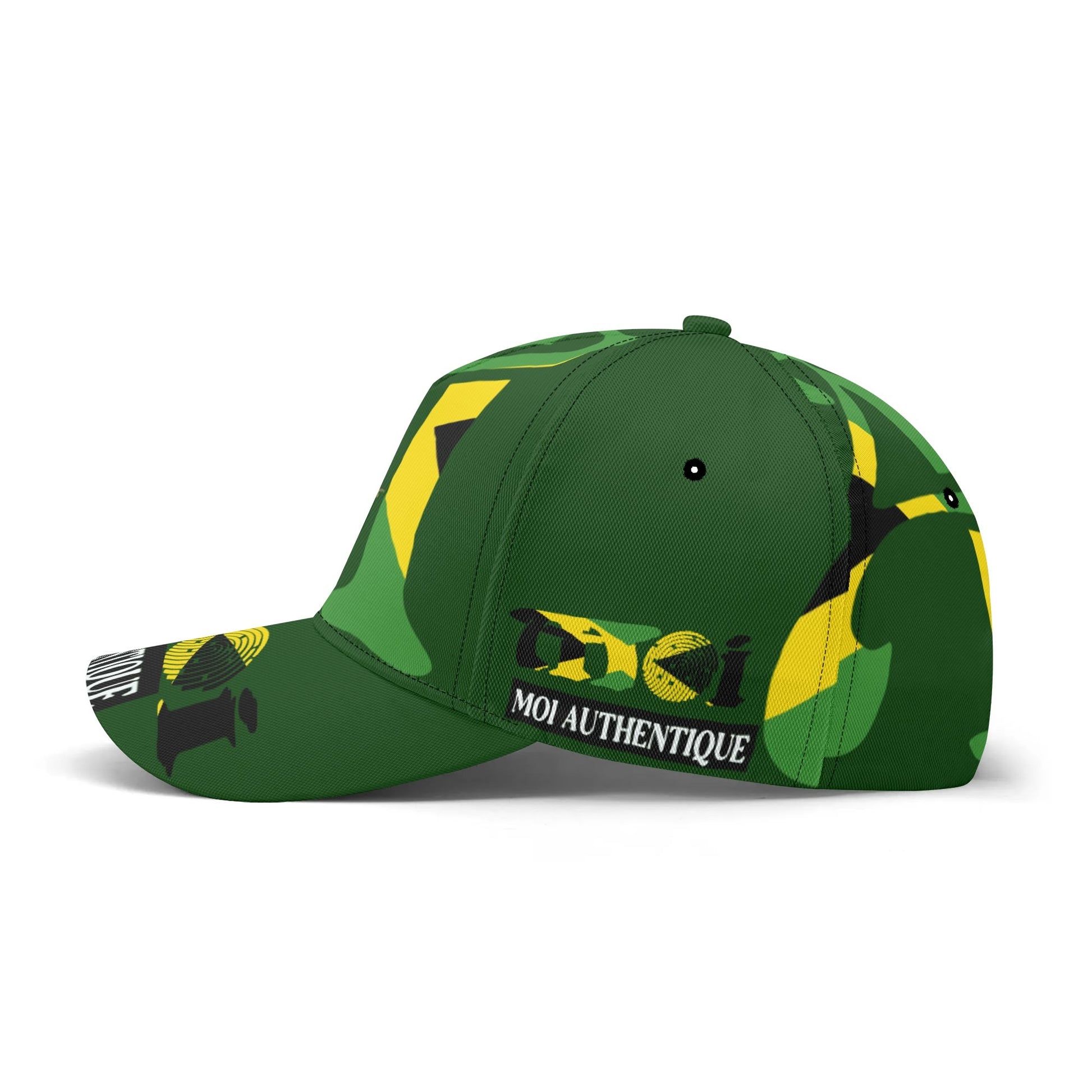 Green cap with yellow and black patterns on a white background