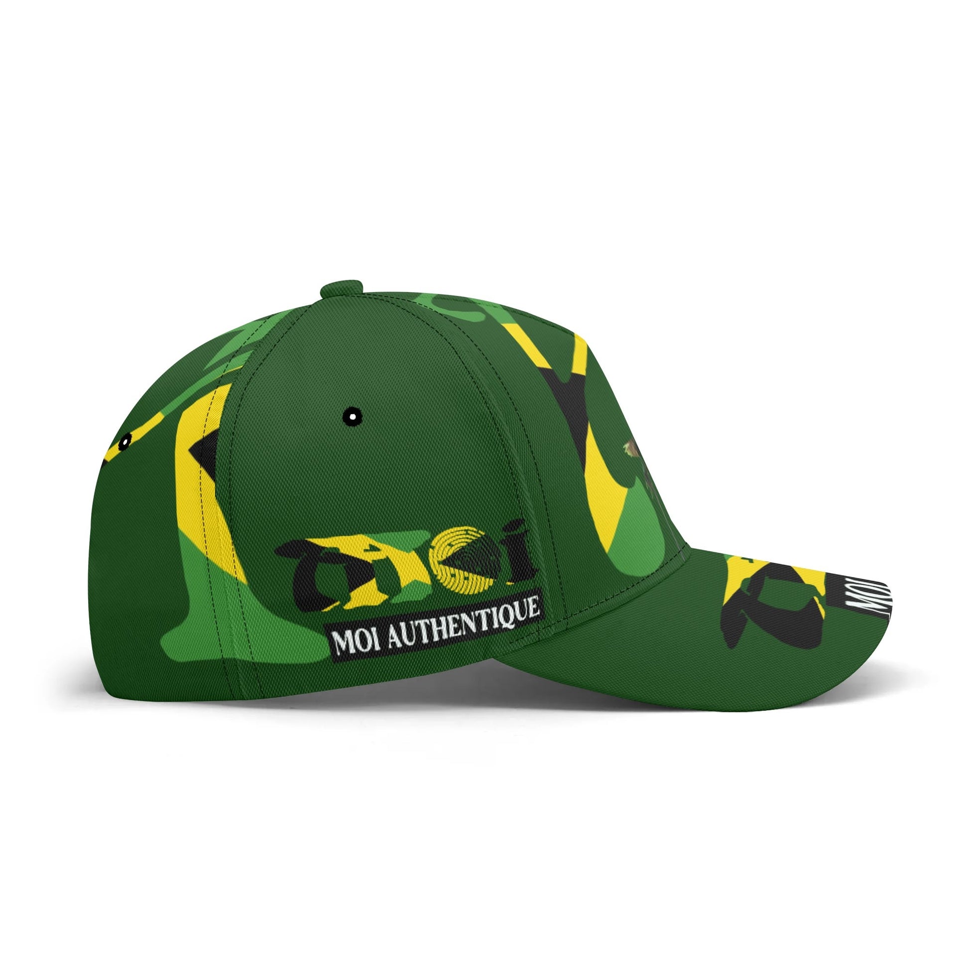 Green cap with yellow and black design on a white background