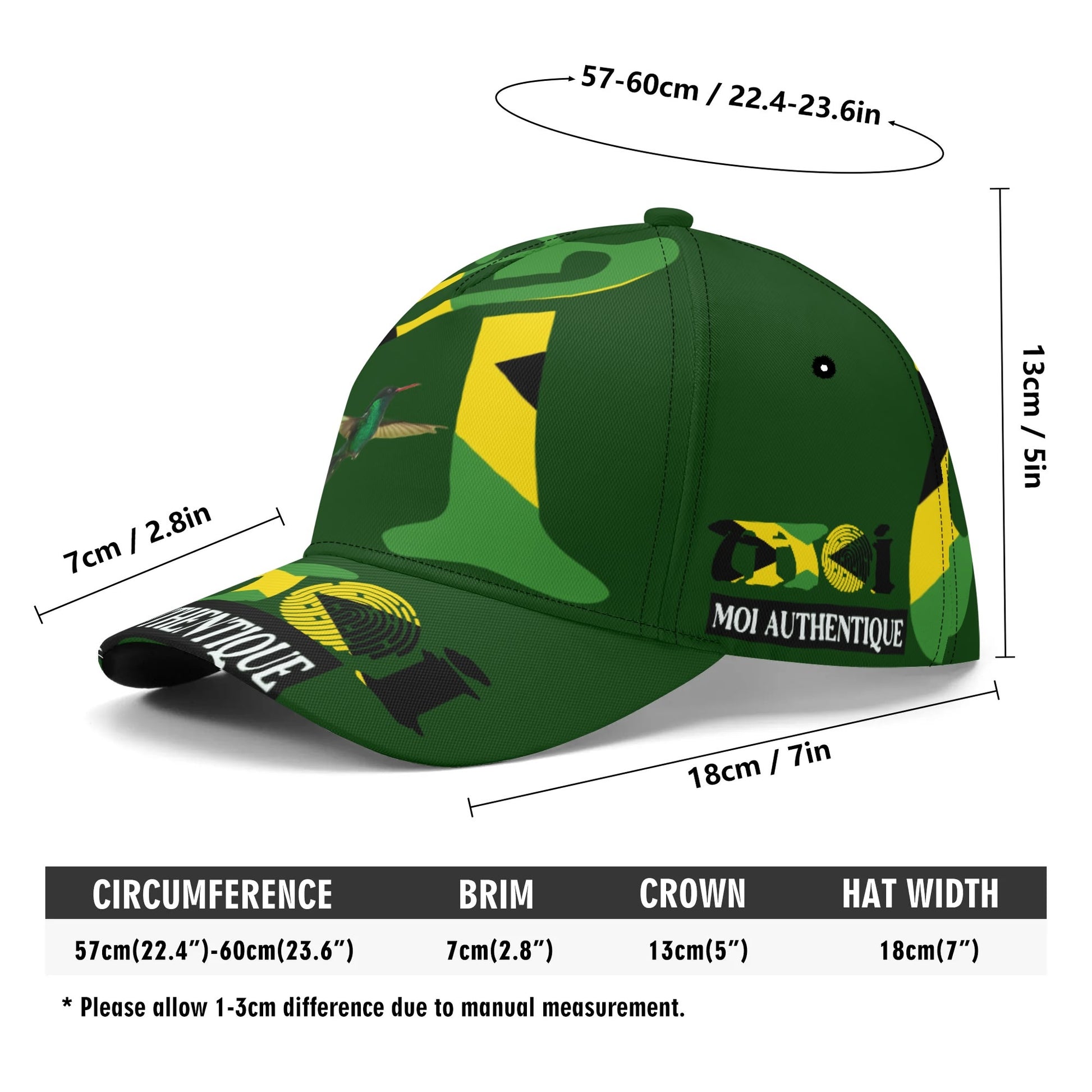 Green cap with yellow and black design, featuring brand logo and text, with size measurement labels.