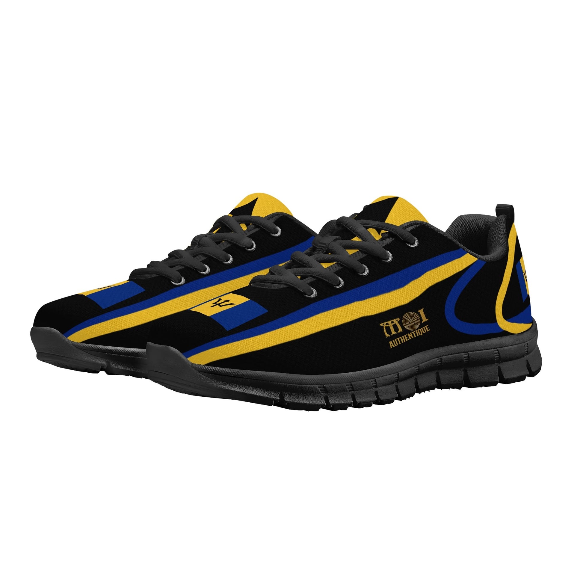 Black and yellow running shoes on a white background