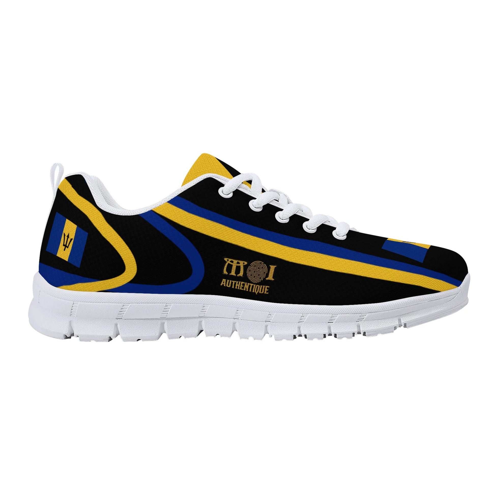 Black and yellow sneaker with blue accents on a white background