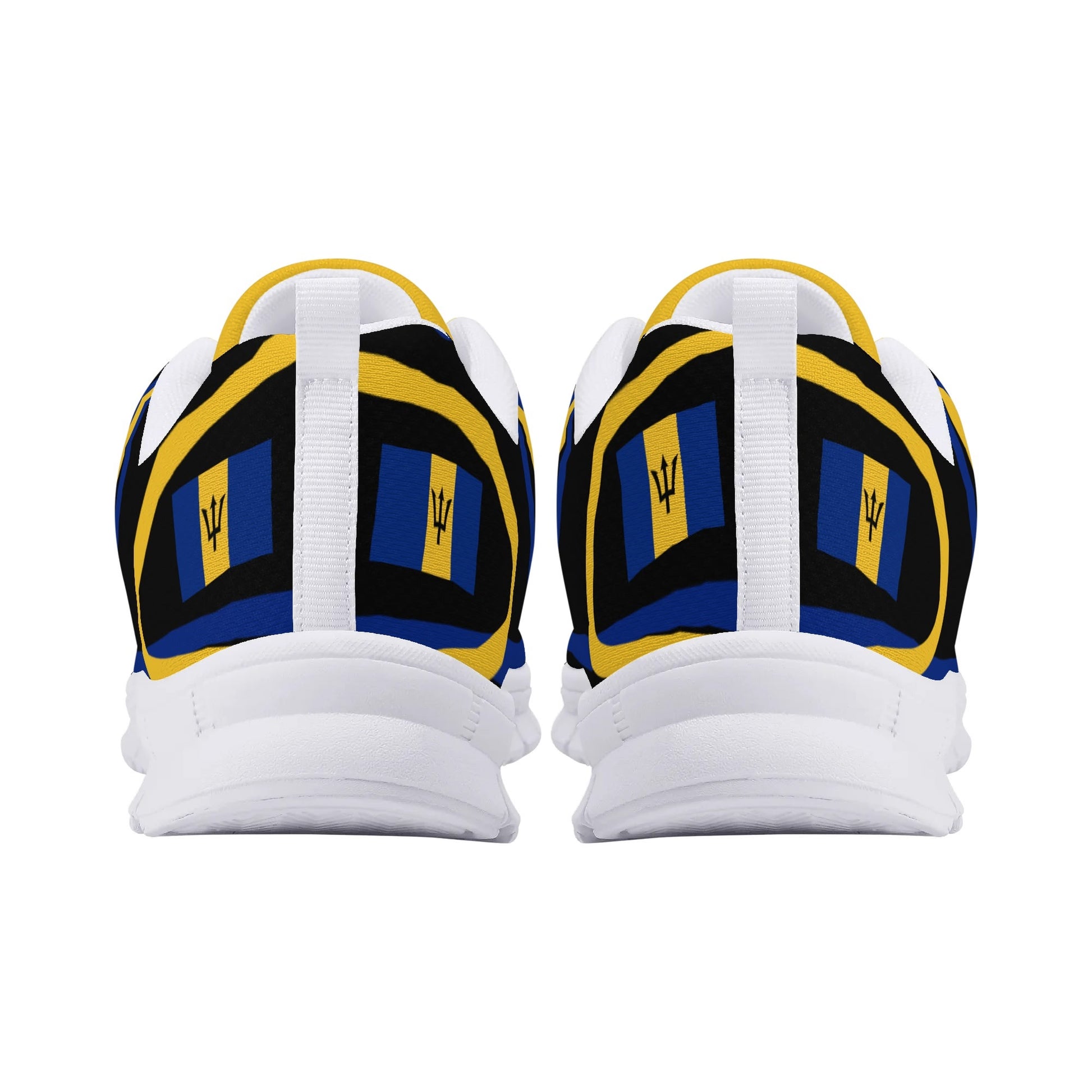 Pair of shoes with a design featuring blue, yellow, and black colors on a white background