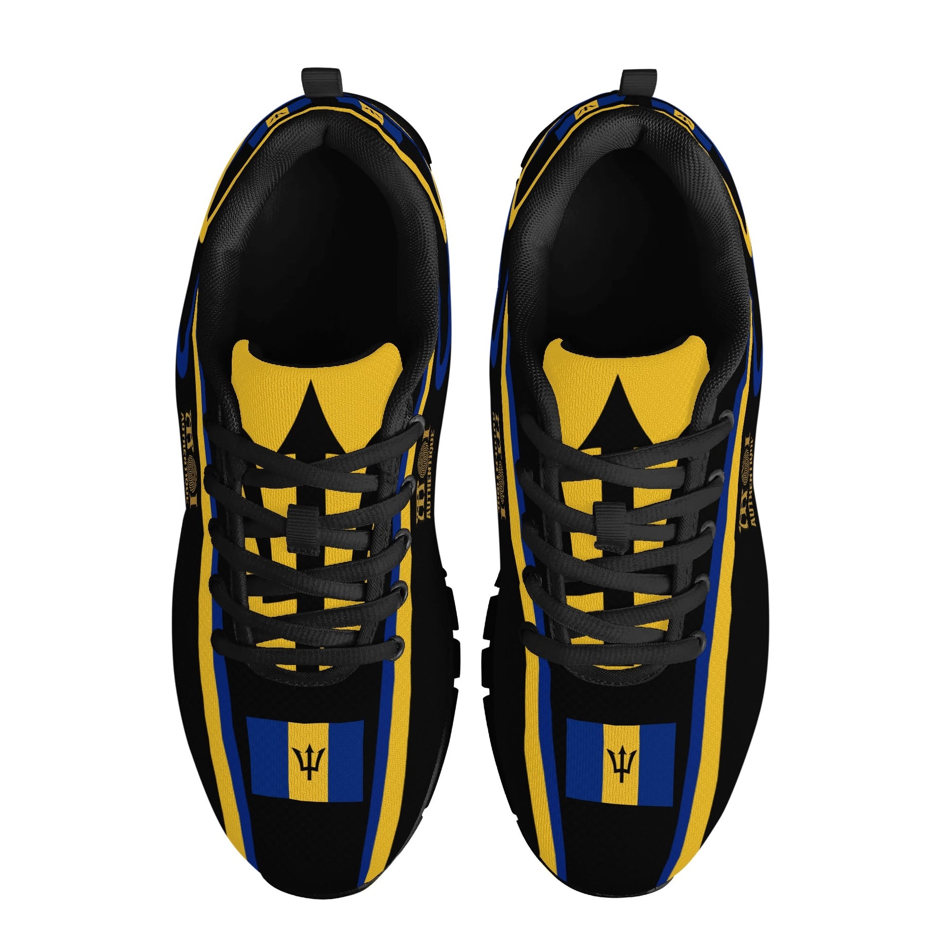 Black and yellow shoes with a flag design on a white background