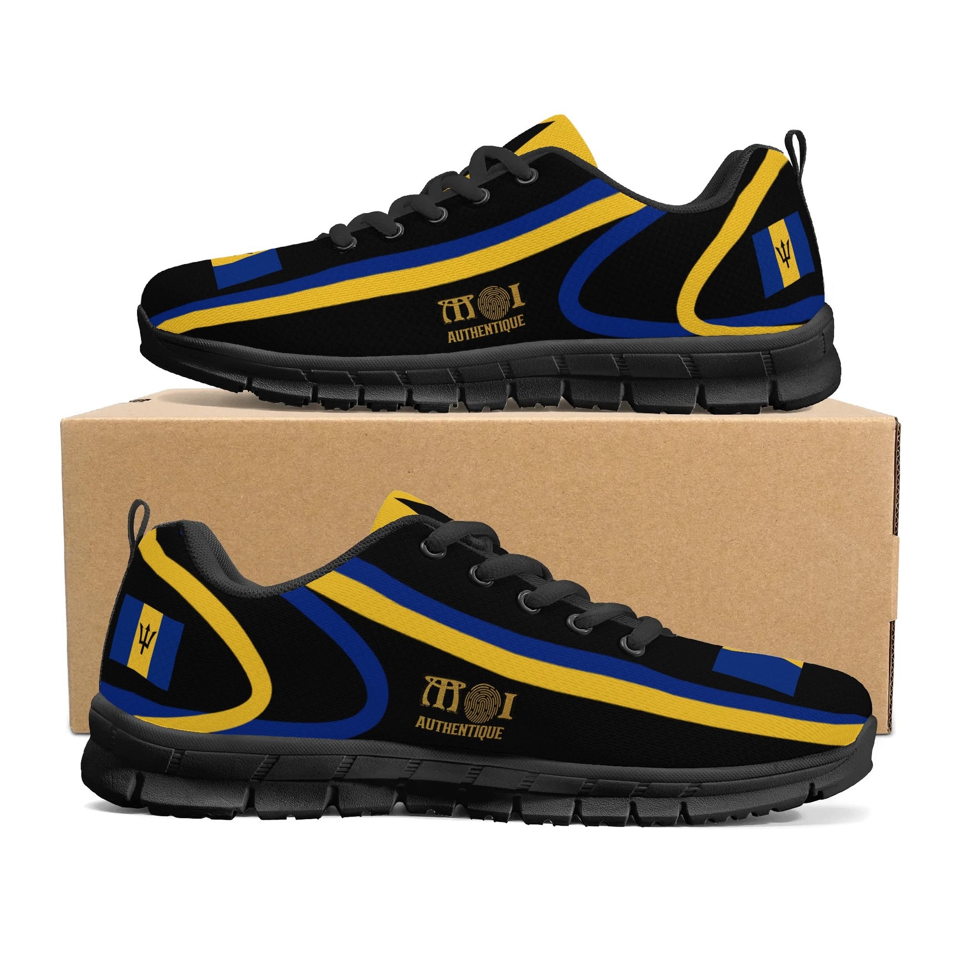 Black and yellow athletic shoes with a brand logo on a cardboard box
