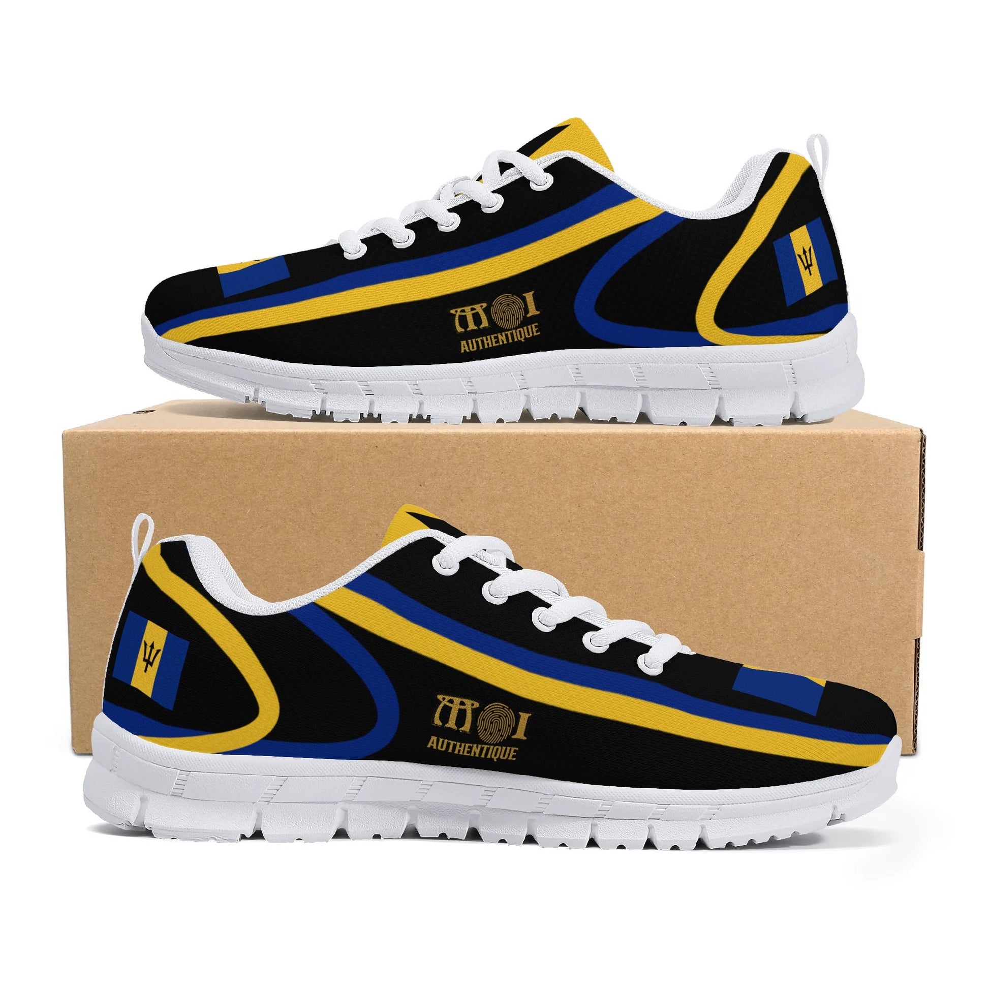 Black, yellow, and blue sneakers with white laces on a cardboard box