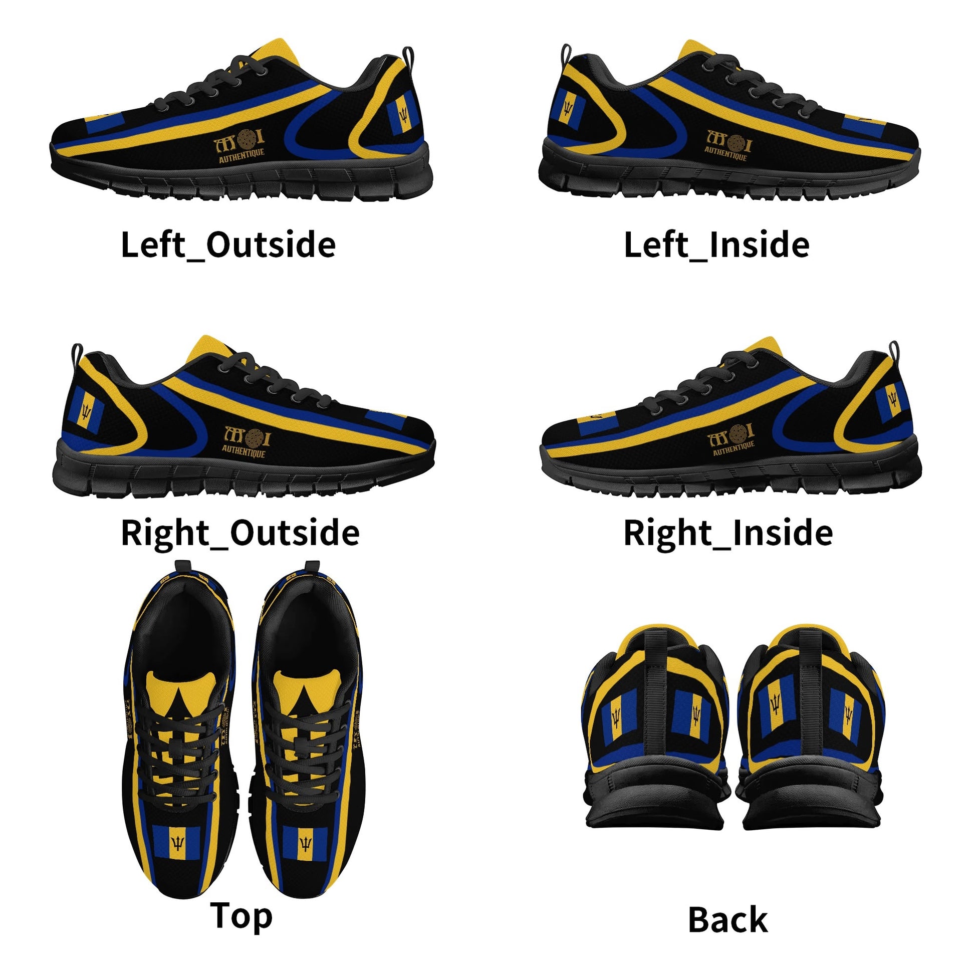 Black and yellow athletic shoes shown from multiple angles on a white background.