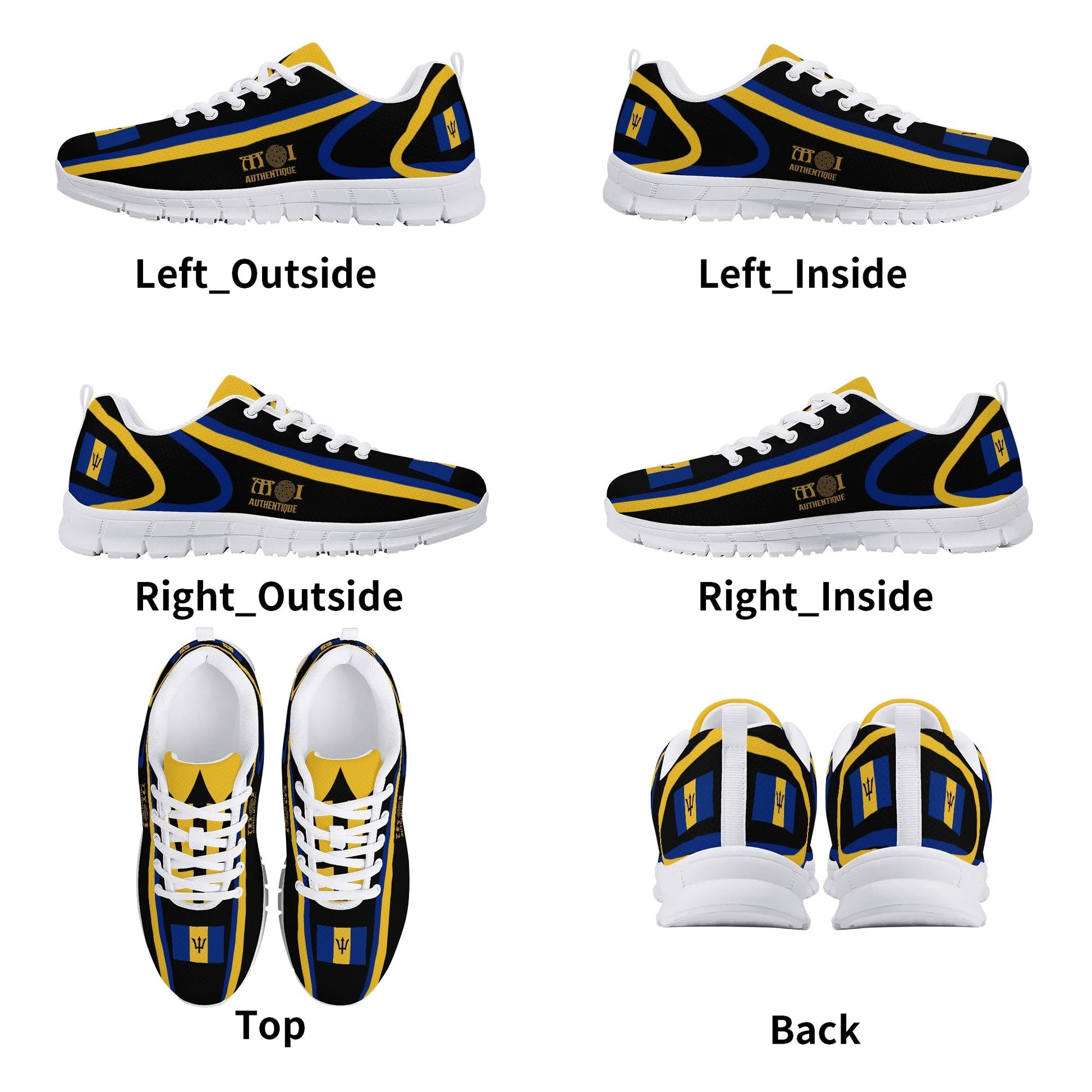 Multiview of a blue and yellow sneaker with labeled views on a white background