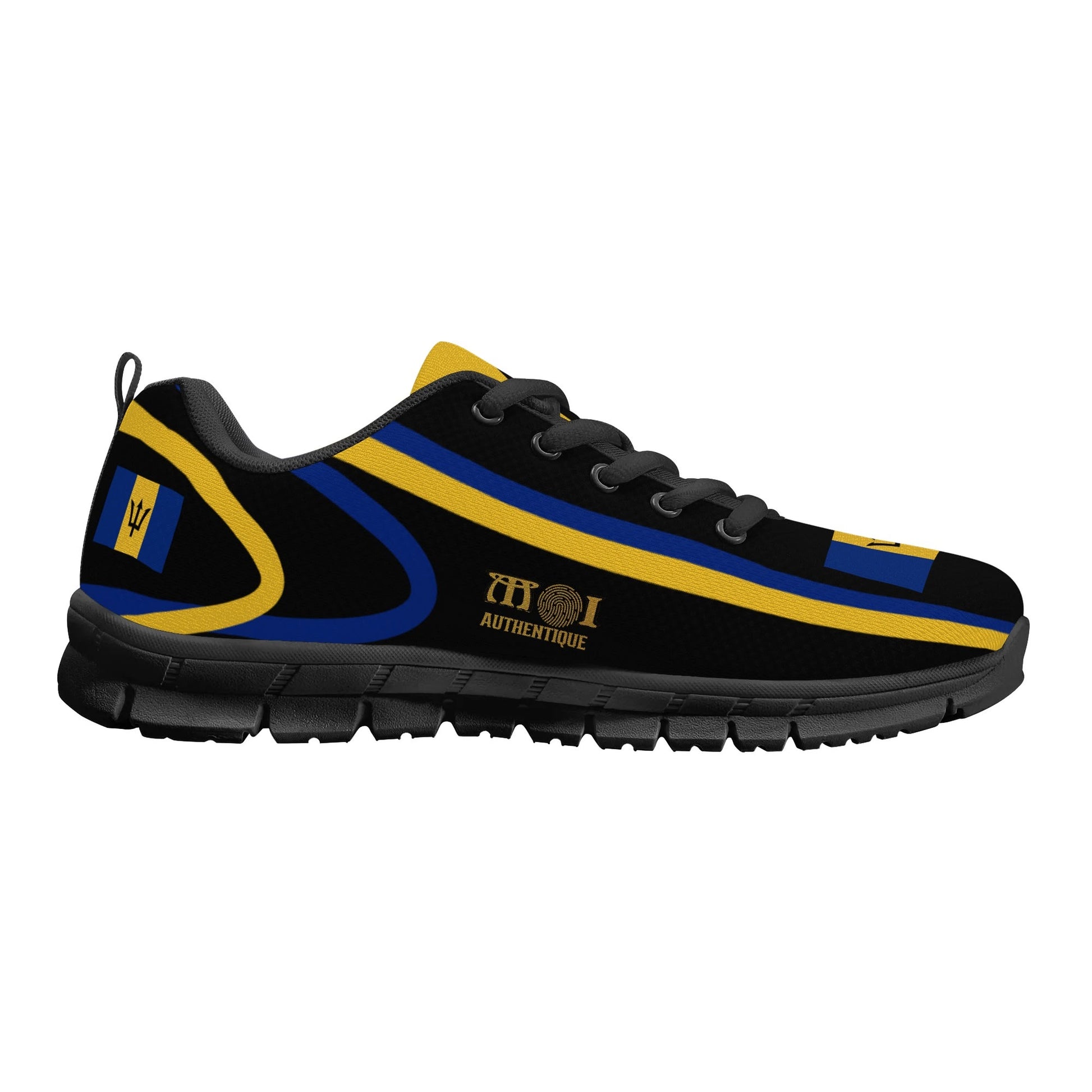 Black and yellow sneaker with blue accents on a white background