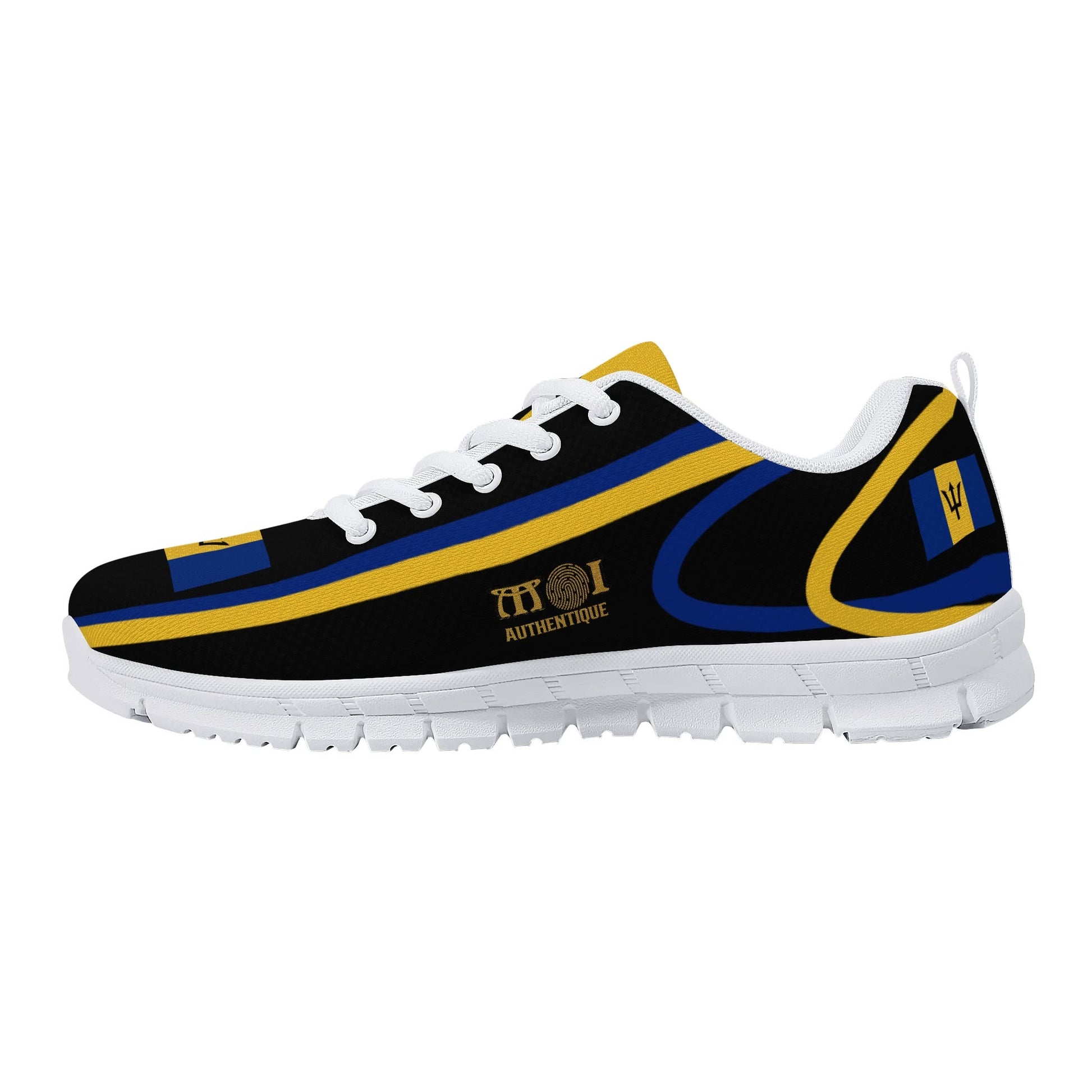 Sneaker with black, yellow, and blue design on a white background