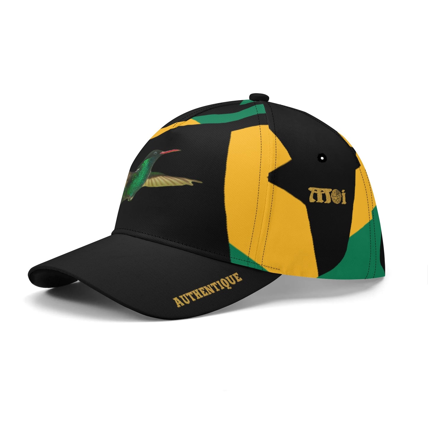 Colourful cap with a bird illustration and 'Authentique' branding on a white background