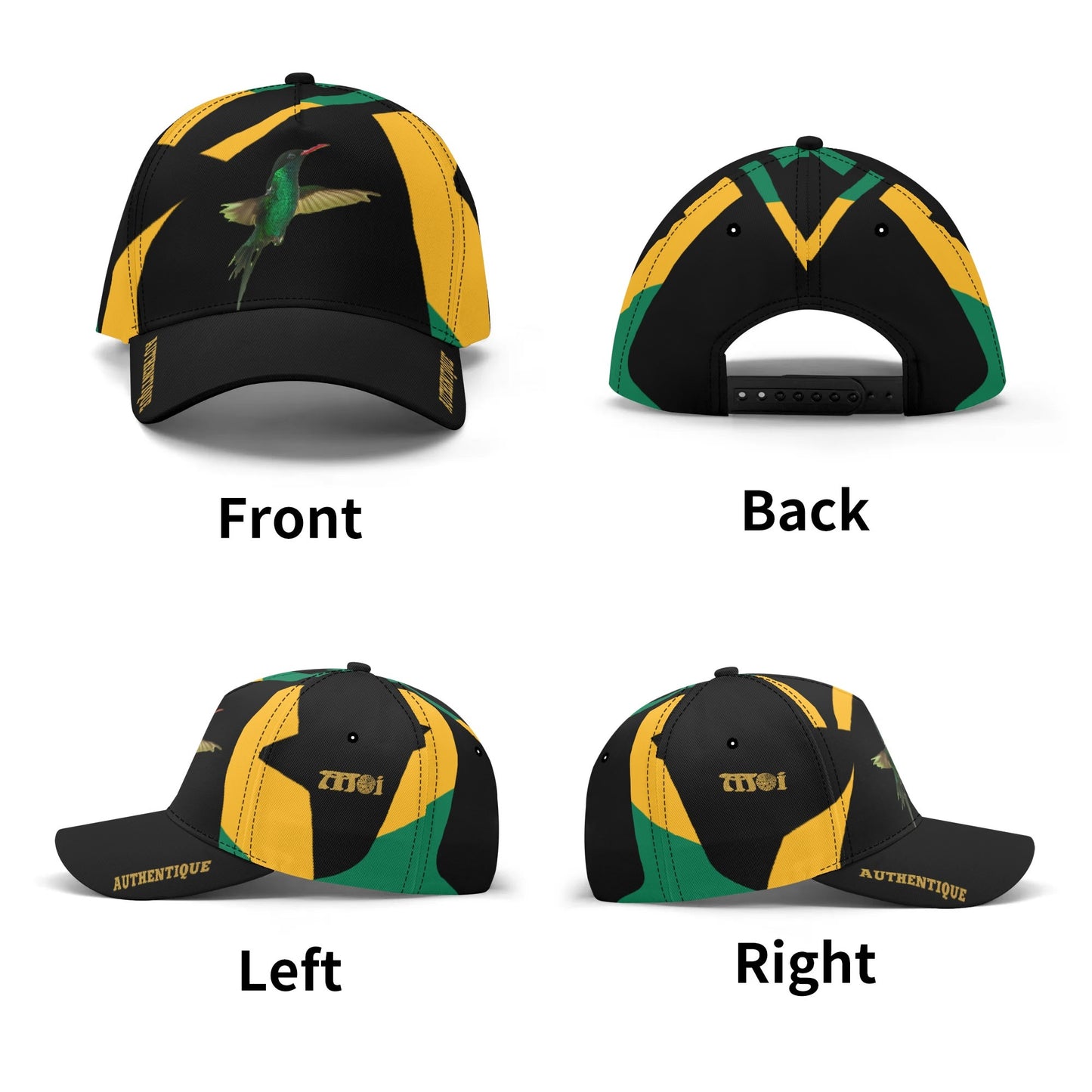 Black cap with green and yellow design, featuring a bird illustration on the front, displayed from multiple angles.