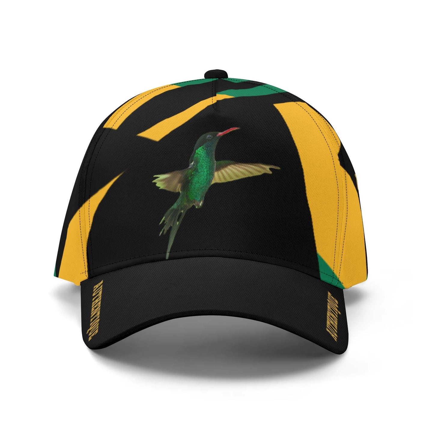 Cap with a hummingbird design on a black, yellow, and green striped background