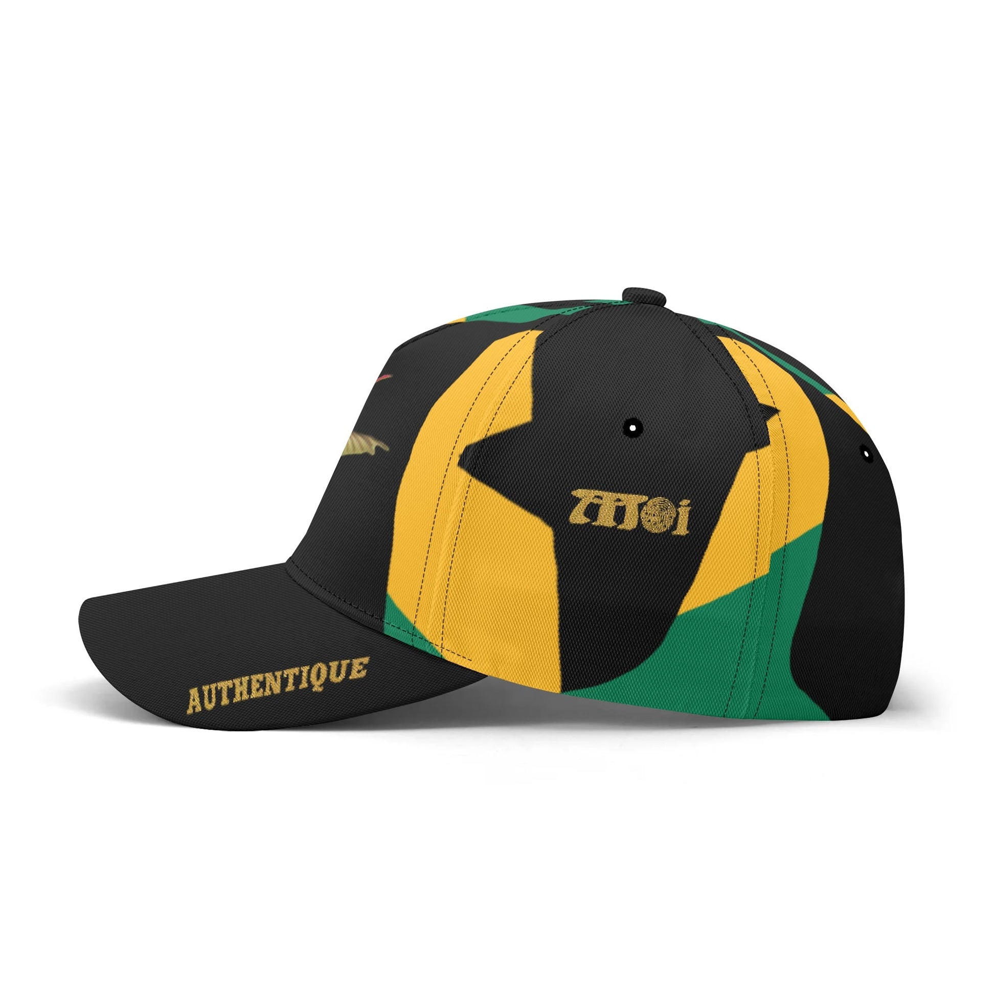 Colourful cap with 'Authentique' and brand name on a white background