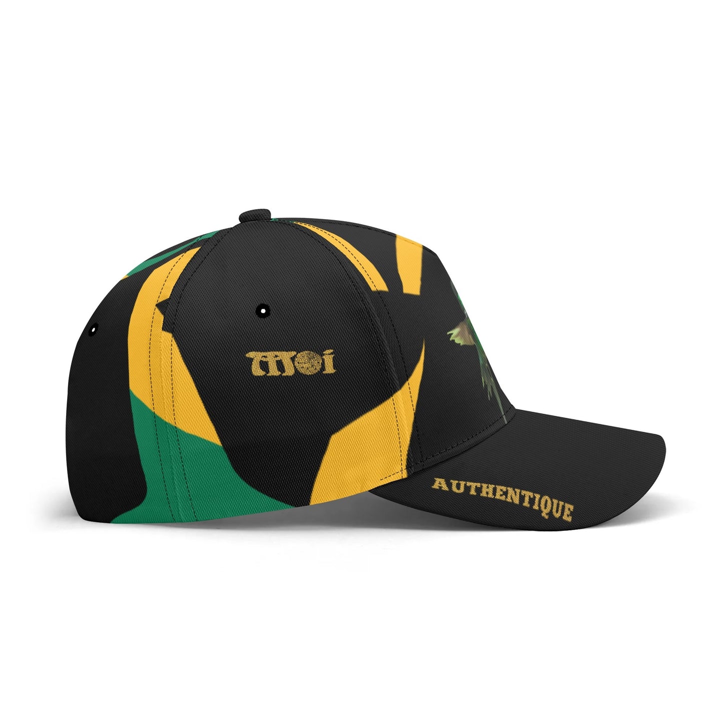 Black cap with yellow and green design on a white background
