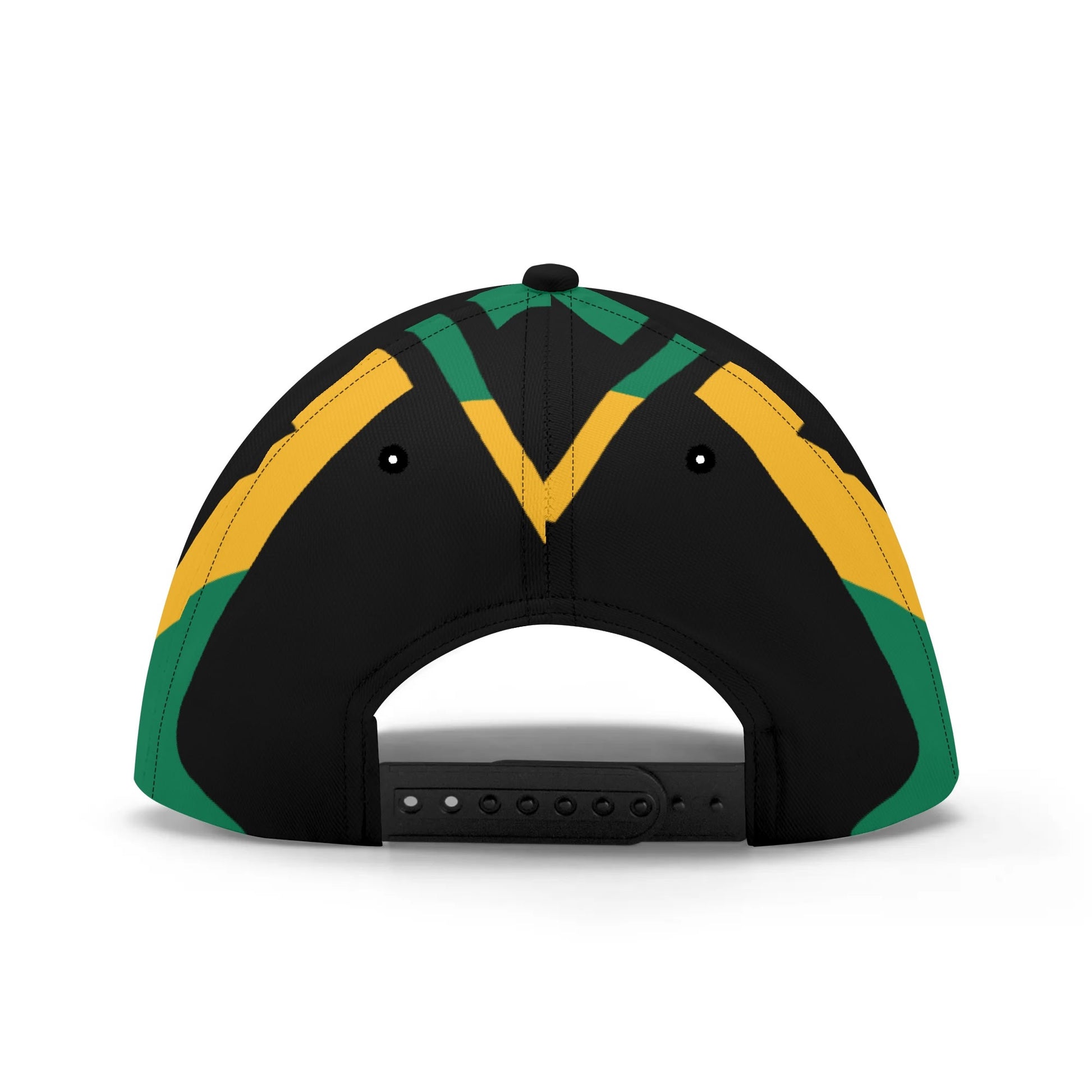 Black cap with green and yellow design on a white background