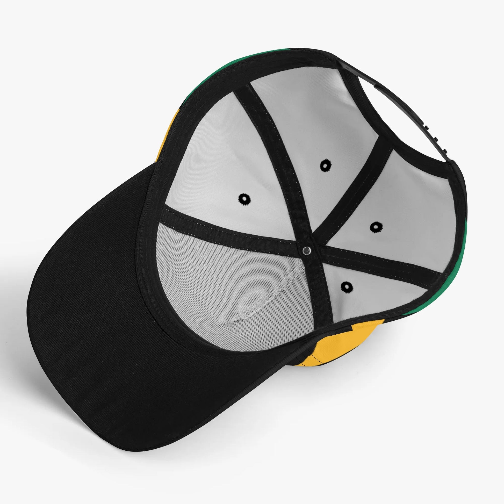 Black and yellow cap with a white mesh back on a light gray background