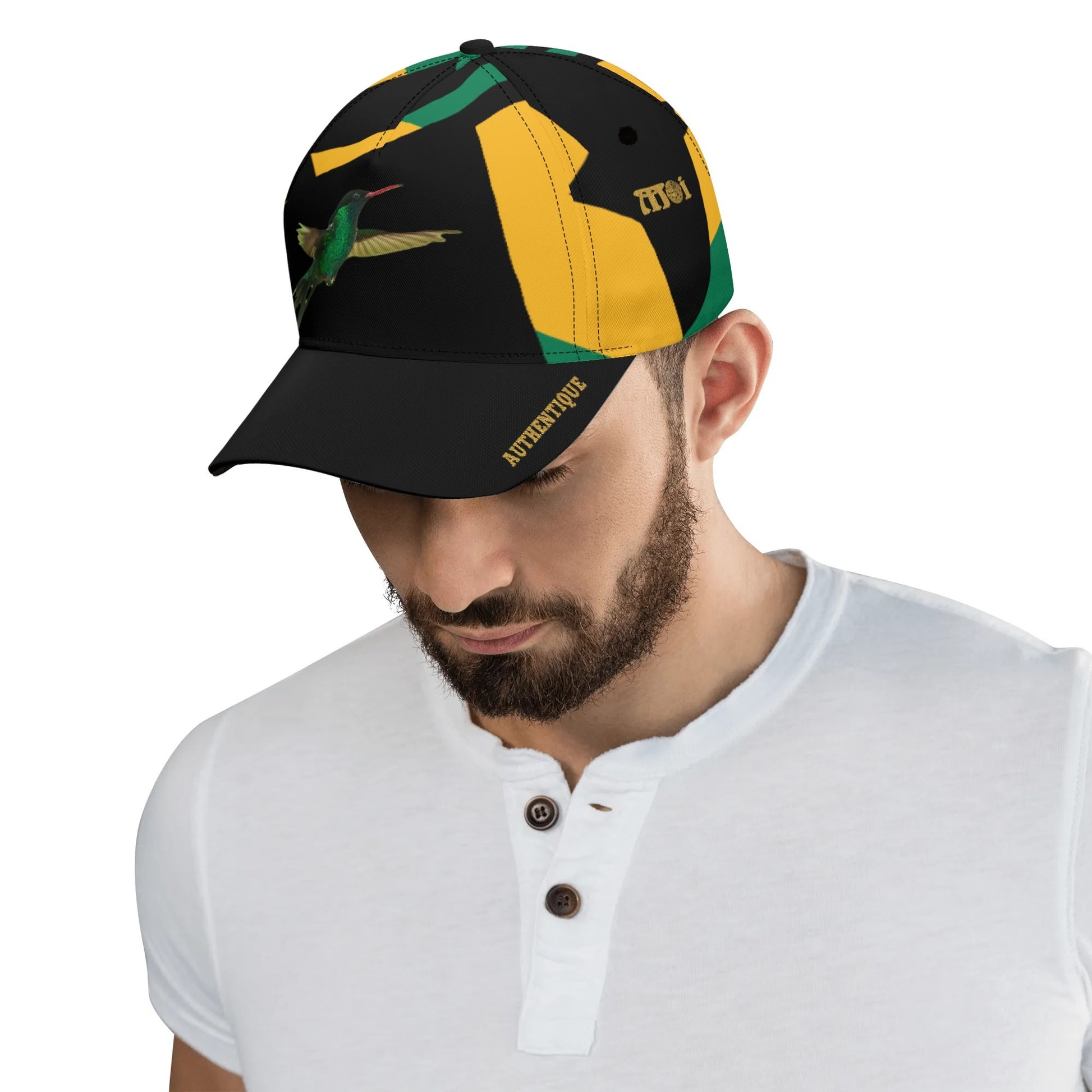 A man wearing a colourful cap with a brand logo on a white background