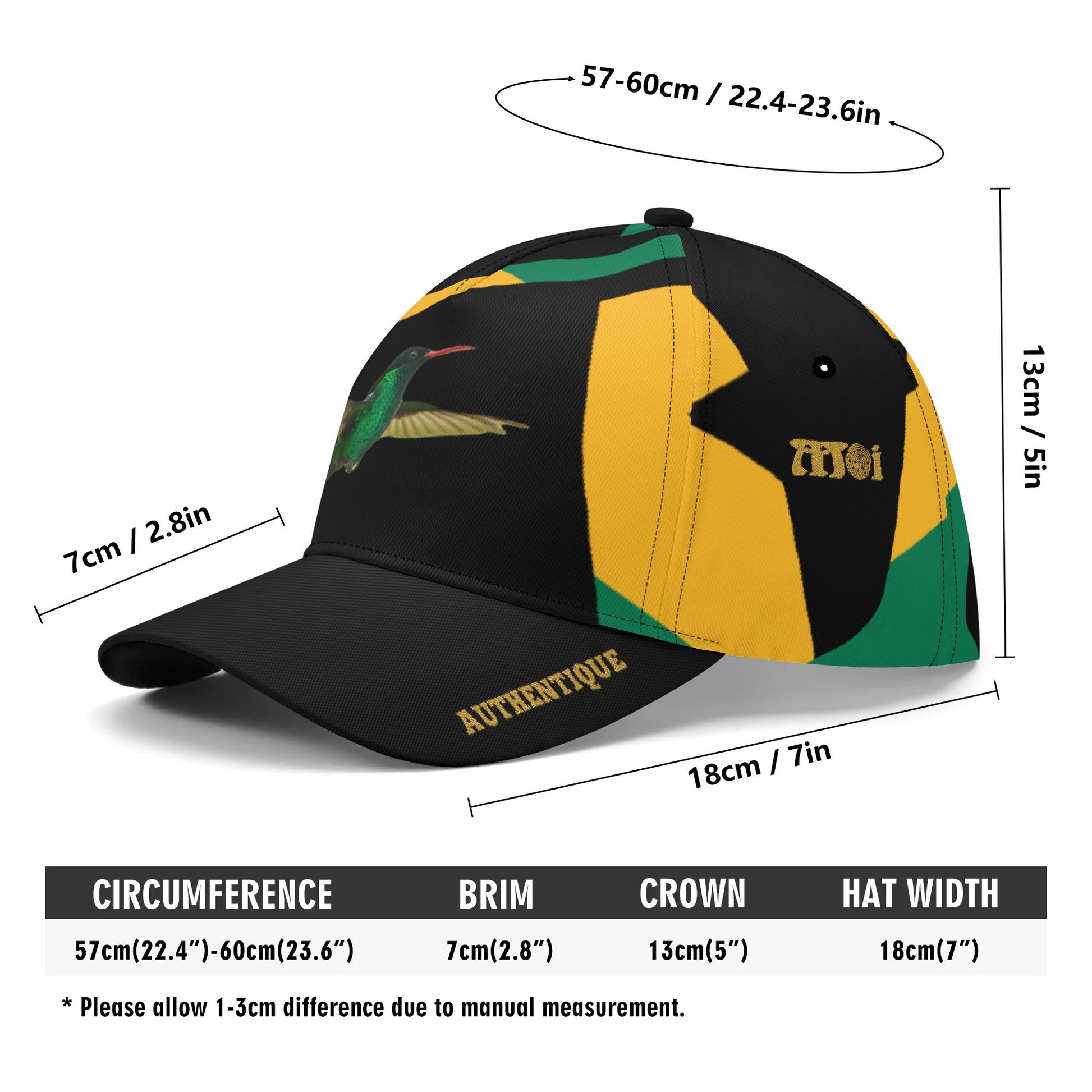 Colourful cap with measurements on a white background