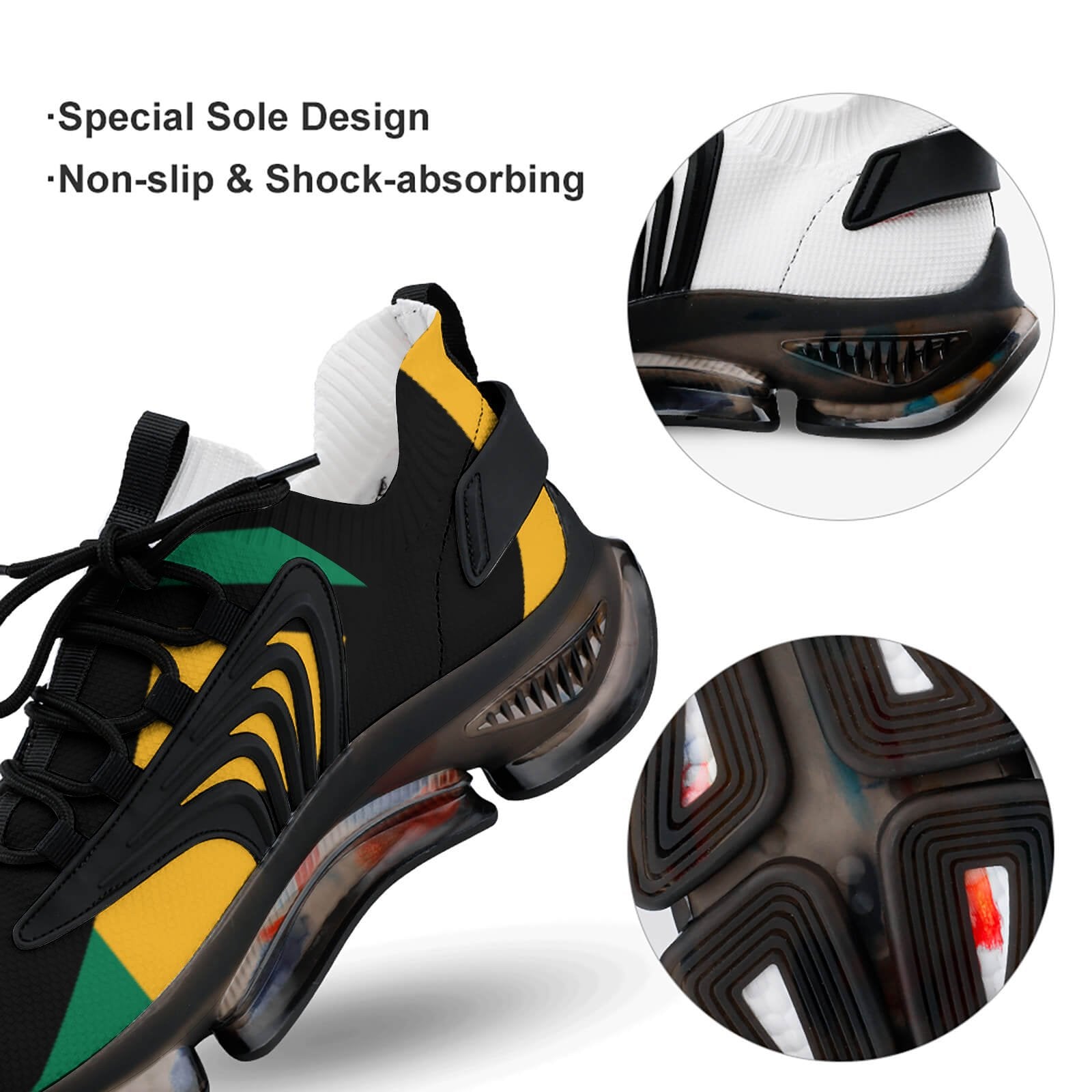 Black and yellow sneaker with special sole design features on a white background