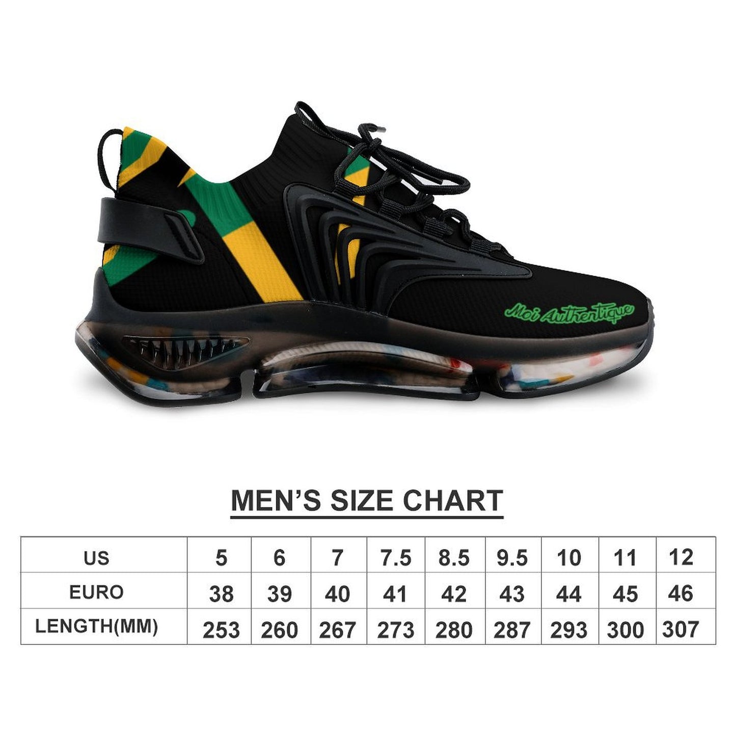 Black sneaker with colourful stripes and a size chart below on a white background