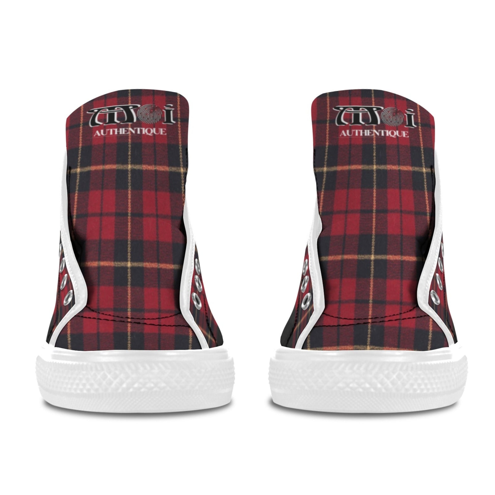 Red tartan high-top sneakers with white soles on a white background